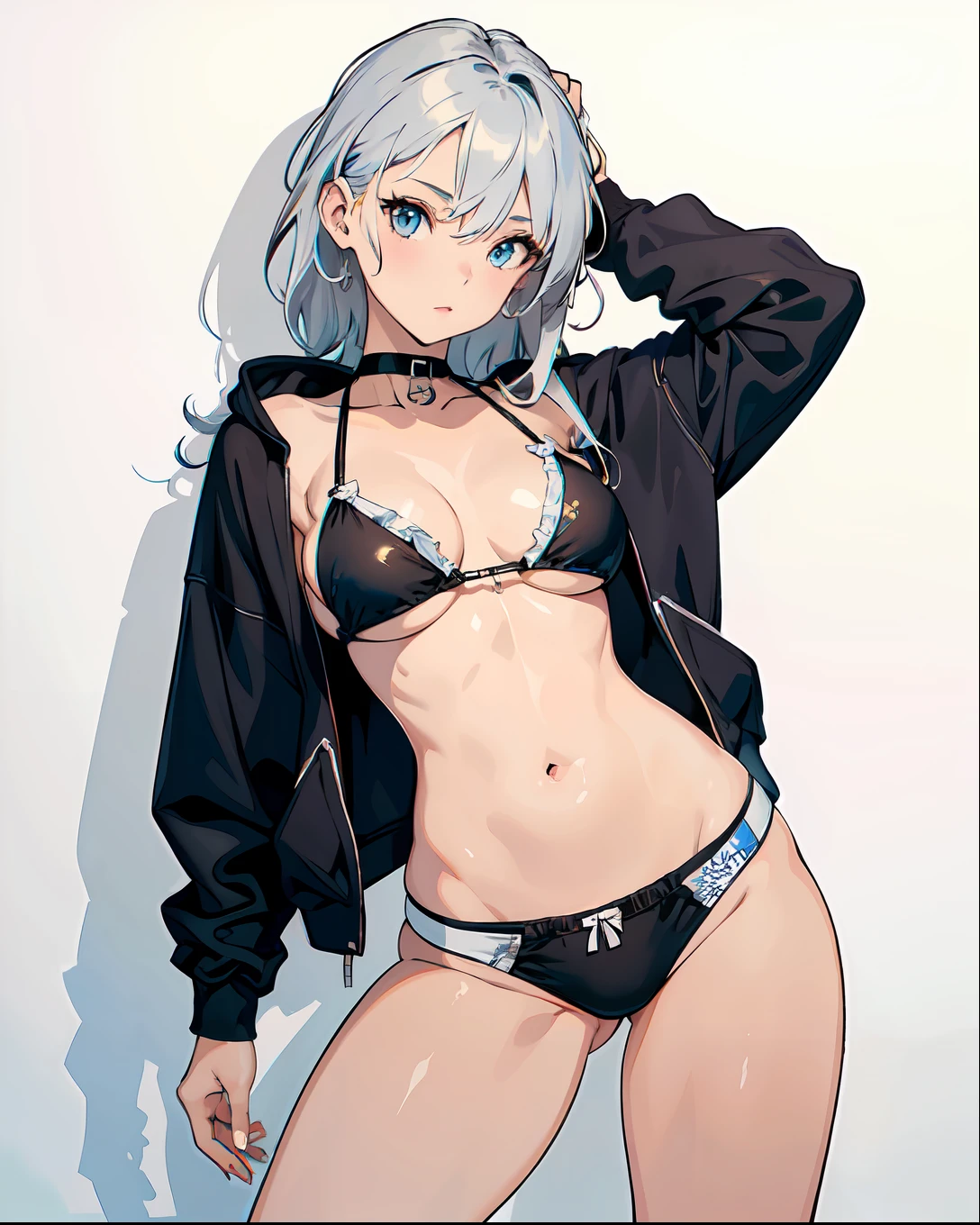 (masterpiece, best quality), beautiful girl, bikini, open crop hoodie (detailed beautiful eyes) underwear, full body shot, visible bellybutton, silver hair,