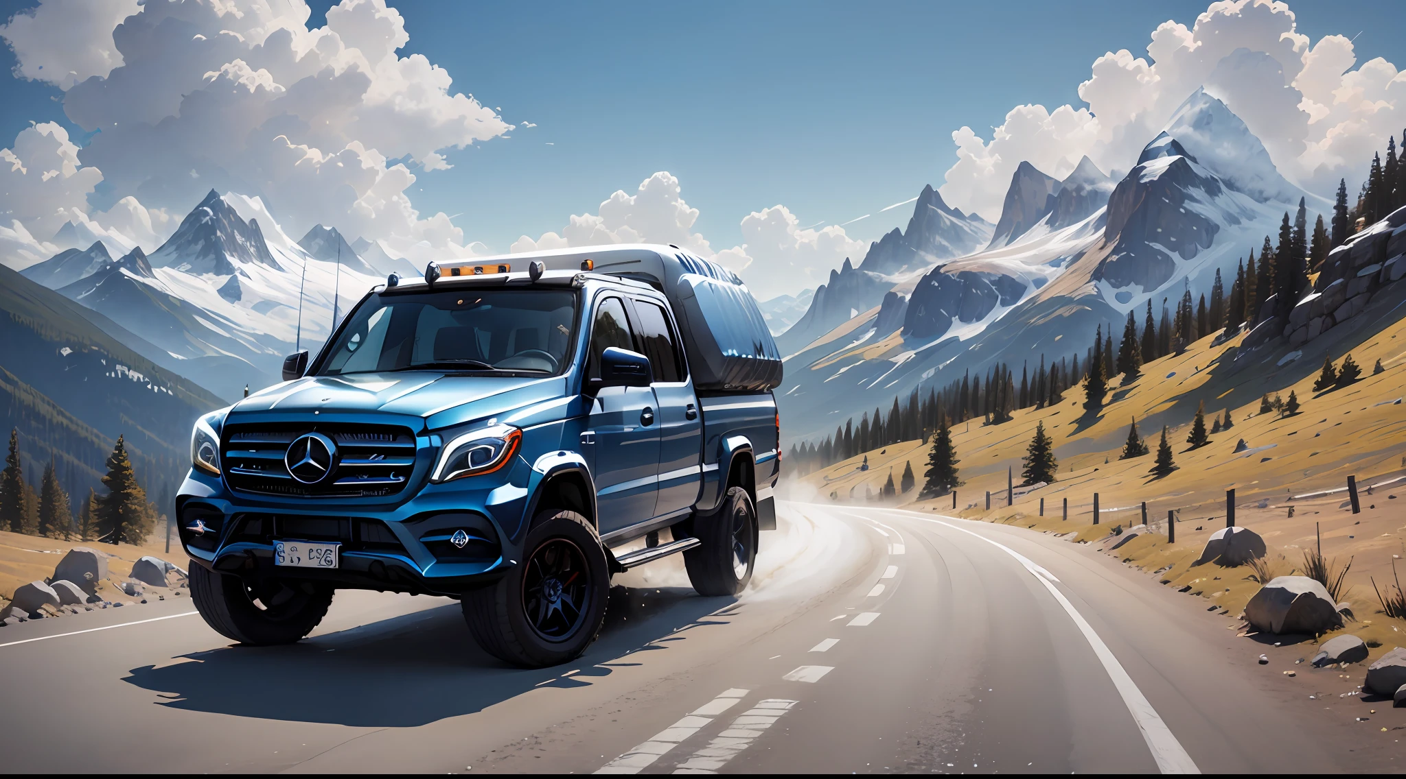 "(extremely detailed blue Mercedes truck:1.3, driving on a mountain road, connected to a massive trailer)" --auto