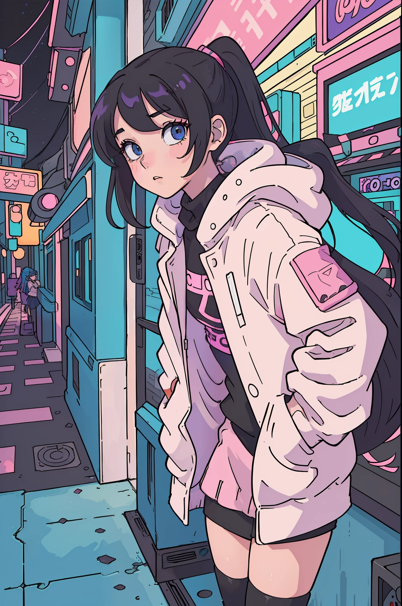 (masterpiece), (The best illustrations), Winds of the 90s,Retro、Colorful cyberpunk city background、Street, age girl in comfortable sweater, Lori, Black stockings、Smoking cannabis、Inner color pink,Emo,Night view from the veranda,𝓡𝓸𝓶𝓪𝓷𝓽𝓲𝓬, Desktop PC, Ring lighting,(masterpiece), (top-quality), (Vaporwave Style), (ultra-detailliert), (The best illustrations), (Best Shadows),Perfect litthing, vivd colour,Fashionable