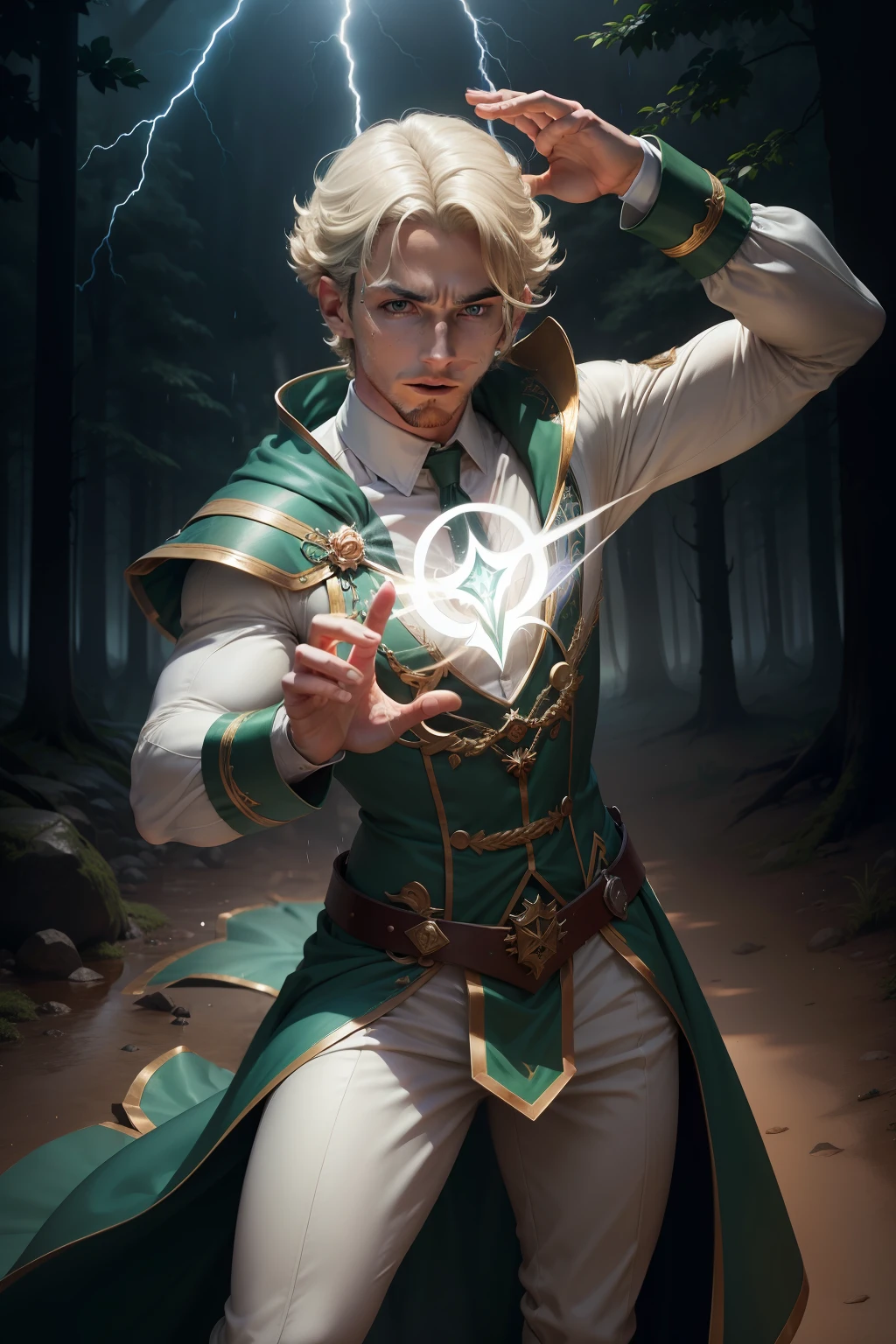 Retrato completo de Electromancer, trending in the artstation, Astri Lohne, Skinny Masculino Fantasia Alquimista, Magia, muscular magician man, portrait of magical blond prince, Muscles, pintado no estilo arcano, cara bonita, Retrato Elementarista, super high res, melhor qualidade, Fotos, 8k, (realista: 1.2), cinematic lighthing, homens jovens, close-up de um homem em Traje de bruxo, mago, magia, magias, casting spells, varinha, Traje de bruxo, mago, mago, roupa de mago, roupa de mago, roupa de mago, manto, manto, manto, roupas, manto verde com partes douradas, verde com dourado, roupa de mago verde, roupa de alquimista verde, cabelo curto, curto, cabelo curto, cabelo, cabelo loiro, loiro, loiro, loiro, blonde hair standing, cabelo irritado correndo coroa, pessoa real, dynamic pose perspective, dynamic perspective pose, Full-body dynamic posture, pose de garra sul, dynamic motion pose, dynamic pose realistic, Dynamic Action Pose, Pose de Mago Masculino, Unleashing the Lightning Spell, Lightning spell in hand, raio, eletricidade, Energy in the hand, energia, magia, Perfect Dynamic Electric Body Type, dynamic pose full body, olhos verdes, olhos, olhos verdes emitindo uma luz amarela brilhante, Forest background with rain and lightning falling from the sky, noite, Forest background with rain and lightning falling from the sky, feixes de luz do raio caindo cobrindo seu corpo, white light above the head (aura: 1.2), Muscles, barba, masculino, jovem, luz, obra-prima, melhor qualidade, detalhes intrincados, cristal no fundo, Portal futurista, Luz 3D, disco Rigido, magia, deus da luz, rosto detalhado, coragem, profundidade de campo, Smooth lighting, mapeamento de tom, alto detalhe, arte conceitual, liso, Foco claro, lighting dramatic, arte altamente detalhada, Filmes, 8k, incredible shadows (fundo altamente detalhado: 1.2) cabelo curto, loiro, mago, Elementar, alquimista