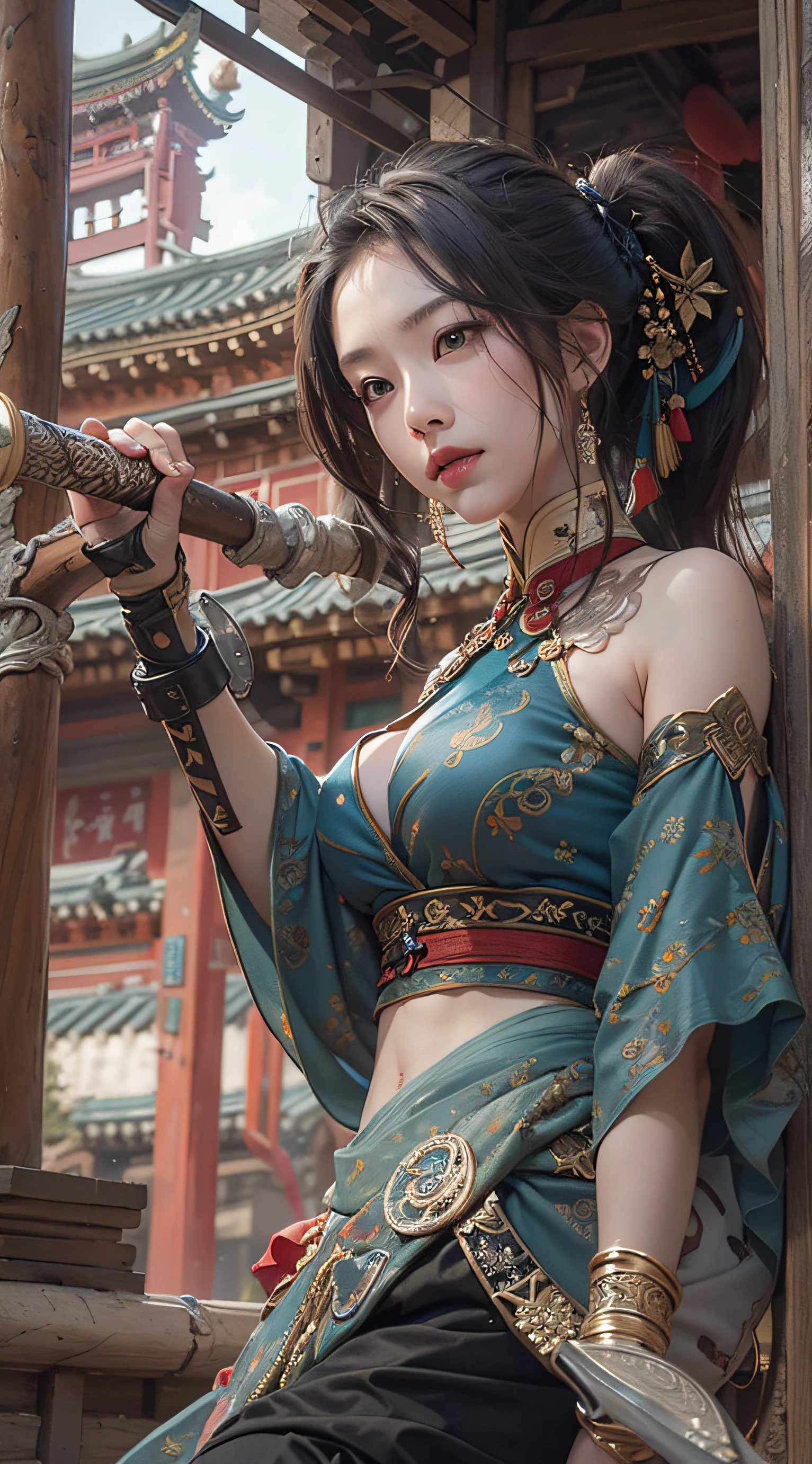 Best quality,masterpiece,ultra high res,(photorealistic:1.4),xiuxian,weapon,Detailed face, 1girl,solo,weapon,cleavage,(magic circle:1.2),xiuxian,upper body,Beautiful girl,full body,huge breasts,east asian architecture,sheath,architecture,