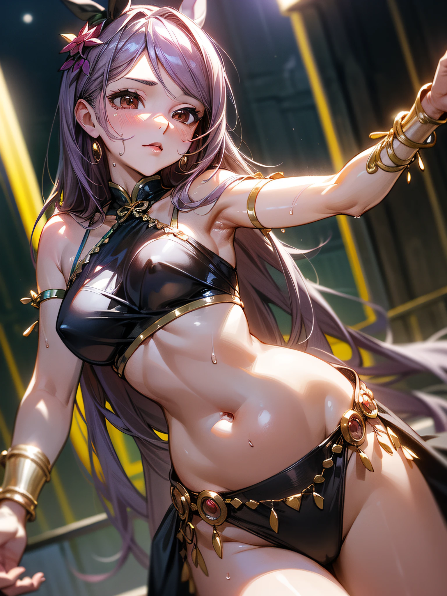 Mejiro Palmer \(umamusume\), (Masterpiece)), ((Best quality)), (Ultra-detailed), illustration, beautiful art, Artistic, Realistic, ((Unity 8k wallpaper)), Beautiful, ((超高分辨率)), well-composed, good art, scenery, Cinematic, Detailed skin, (Oily skin), Glossy glossy skin, Fine skin, Beautiful face, (Beautiful hair), (Beautiful brown eyes), hand with five delicate fingers, (Perfect anatomy), (correct limb), (Realistic), Medium breast, (A ), Midsummer, (Sweaty), (belly dance), Belly dance costumes, inns, Night style background,