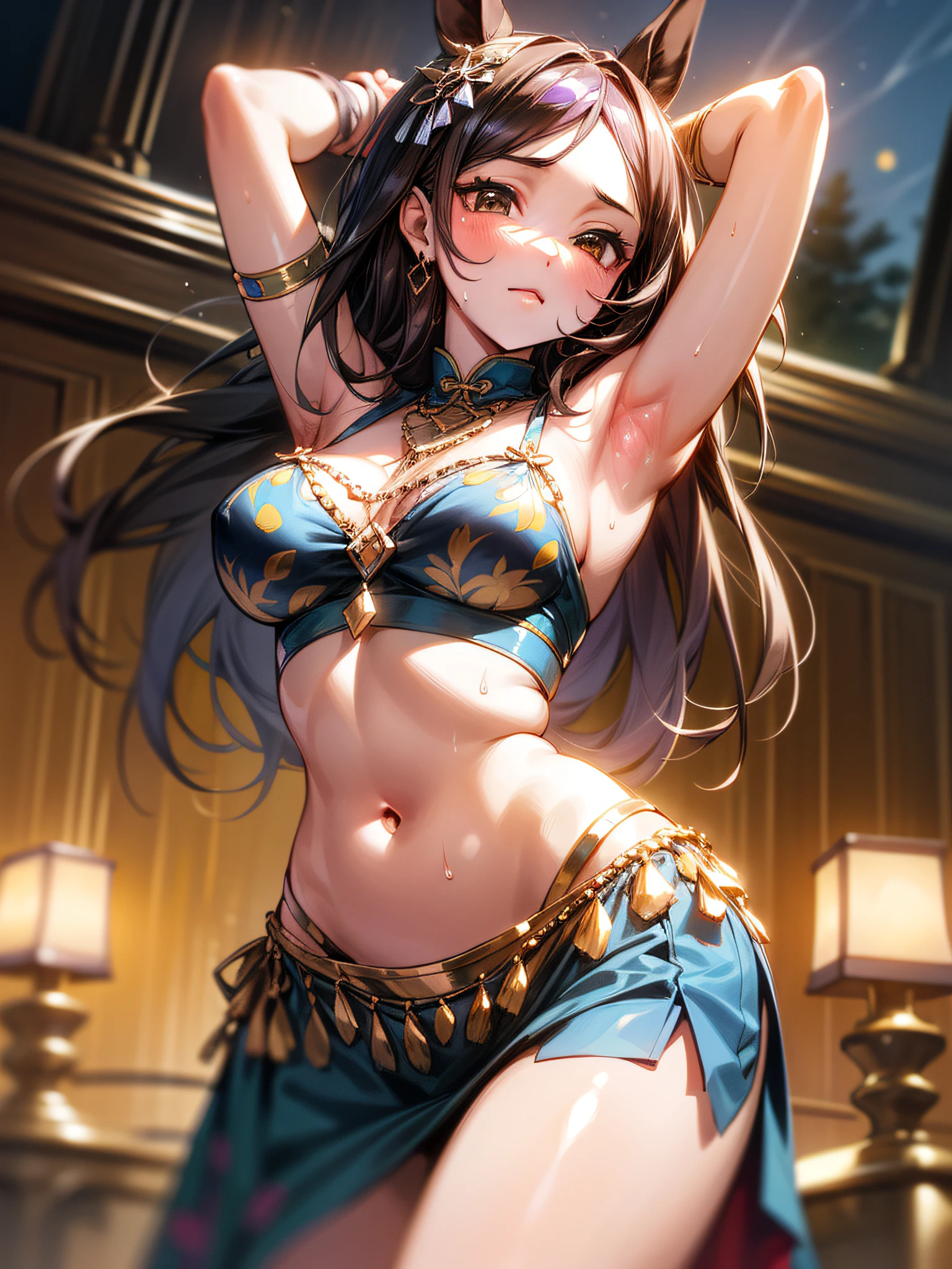 Mejiro Palmer \(umamusume\), (Masterpiece)), ((Best quality)), (Ultra-detailed), illustration, beautiful art, Artistic, Realistic, ((Unity 8k wallpaper)), Beautiful, ((超高分辨率)), well-composed, good art, scenery, Cinematic, Detailed skin, (Oily skin), Glossy glossy skin, Fine skin, Beautiful face, (Beautiful hair), (Beautiful brown eyes), hand with five delicate fingers, (Perfect anatomy), (correct limb), (Realistic), Medium breast, (A ), Midsummer, (Sweaty), (belly dance), Belly dance costumes, inns, Night style background,