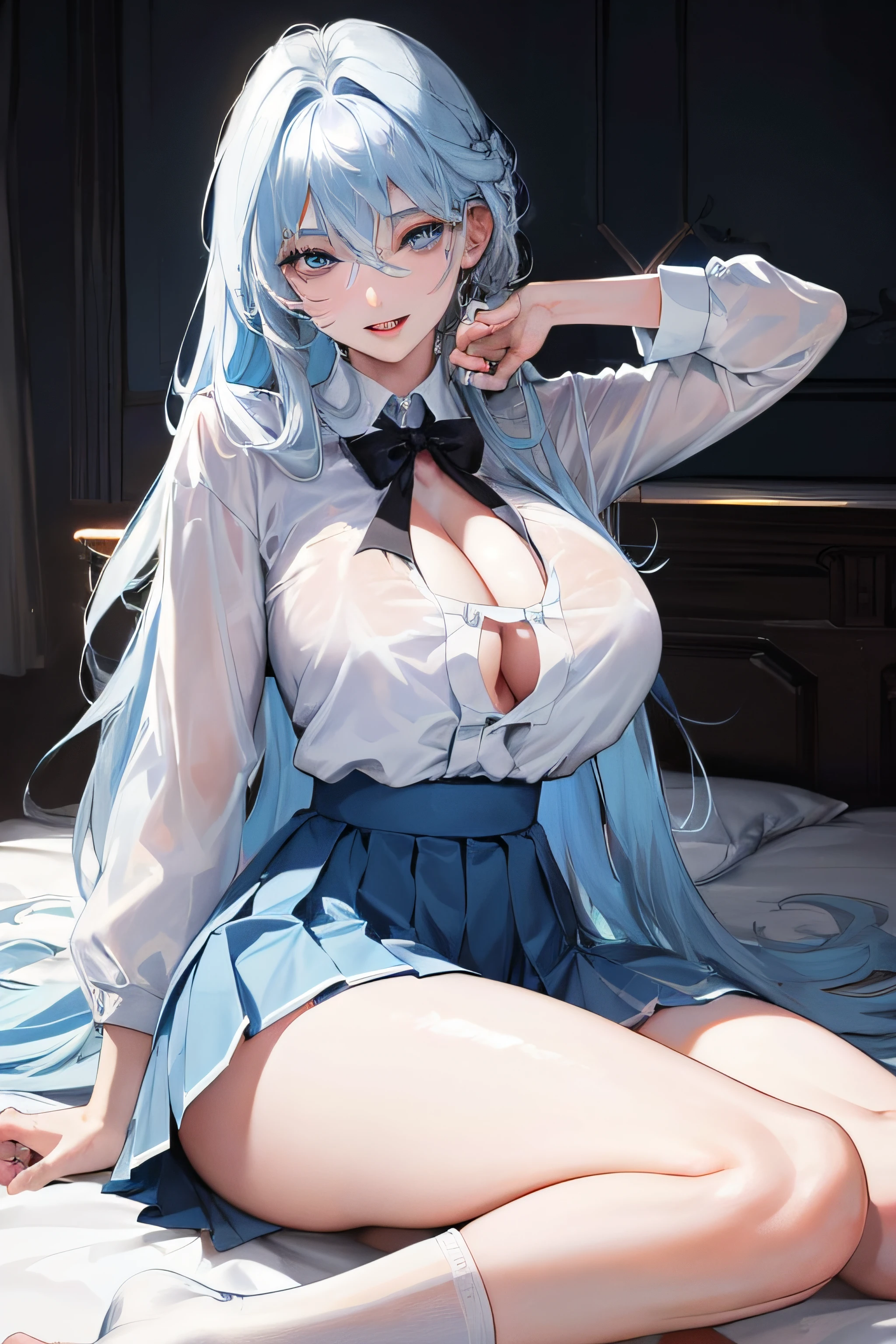 Official fine art,tmasterpiece,Sharp focus,(Beautiful gorgeous lovely Korean women:1.3),(beautiful lovely Korean people:1.3),South Korean beauties,Delicate and beautiful hair and eyes and face,realisticlying,ultra - detailed,a beauty girl,Glowing white particles,(side-lighting:1.2),Slender,Cute big breasts and big buttocks,Toothy laughter,((Laugh and open your eyes)),scenecy,Long straight hair, sexy facial expression, Dynamic hair, Long straight hair, Delicate platinum blue hair, glow blue eyes, (blue pleated shirt+white skirt), Long white socks, paleskin, hair adornments, Official fine art,tmasterpiece,Sharp focus,(best qualtiy, 8K, tmasterpiece:1.3,Delicate and beautiful hair and eyes and face,realisticlying,ultra - detailed,a beauty girl, Focus:1.2, Perfect figure to sit on the bed:1.4,White shirt,a black pleated skirt,Raise your legs high,White knee-length socks,legs are open,Foot elevation,Realistic details,Black color hair,female high-school student,Lori huge breasts cleavage,The lower body is visible,Long legs