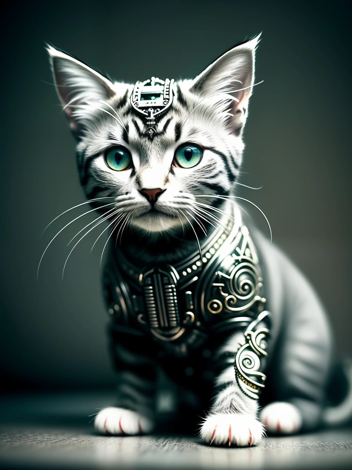 a cute kitten made out of metal, (cyborg:1.1), ([tail | detailed wire]:1.3), (intricate details), hdr, (intricate details, hyperdetailed:1.2), cinematic shot, vignette, centered