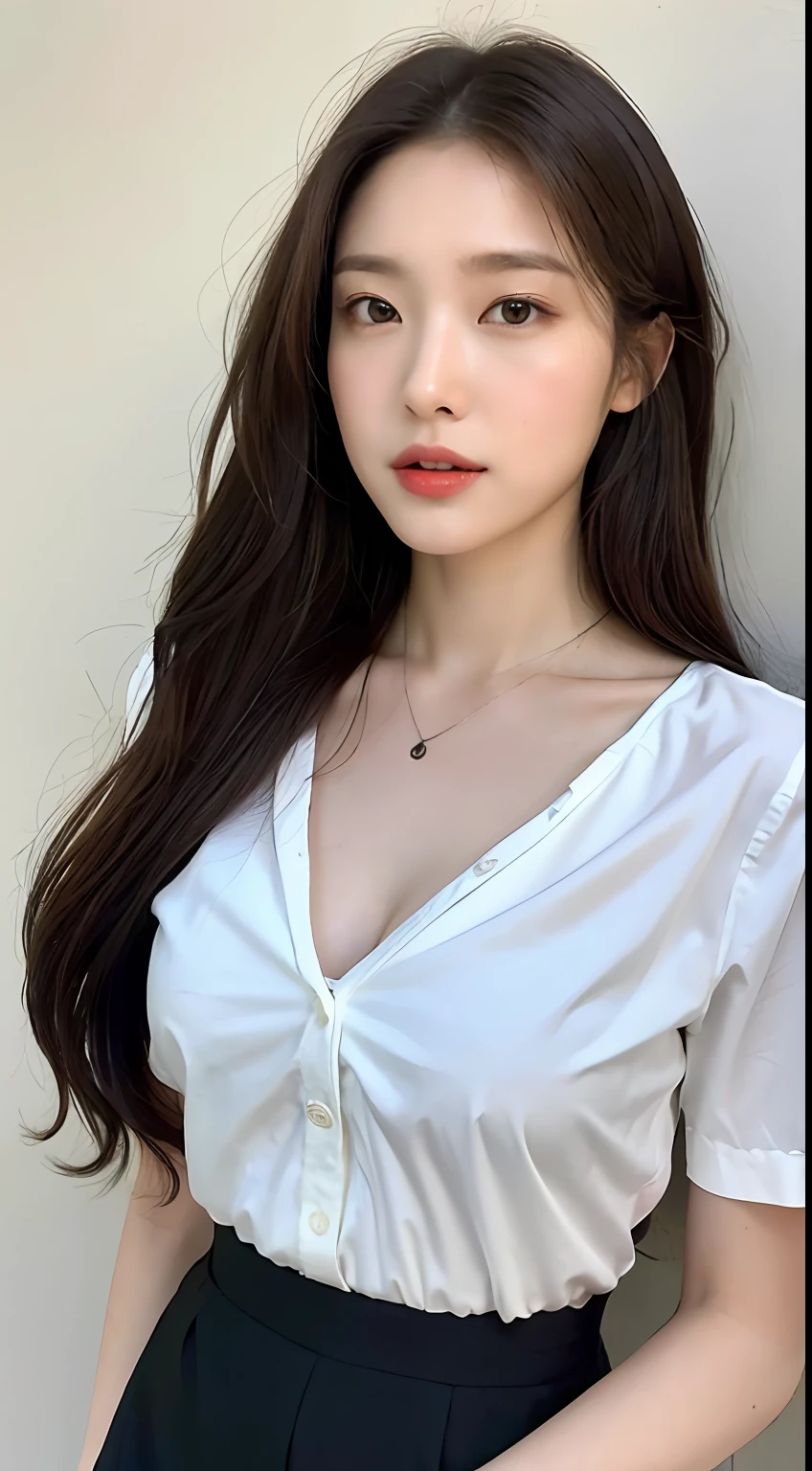 （high high quality，A high resolution，tmasterpiece：1.3），Tall and beautiful woman，Slender abs，Dark brown hair，Loose waves，boobgasm，Wear a pendant，Translucent white button-down shirt，obi strip，a black skirt，（Modern architecture in background），Beautiful rendering details of face and skin textures，Detailed eyes，二重まぶた，no brassiere，The shirt is suitable for bare skin，looking from above