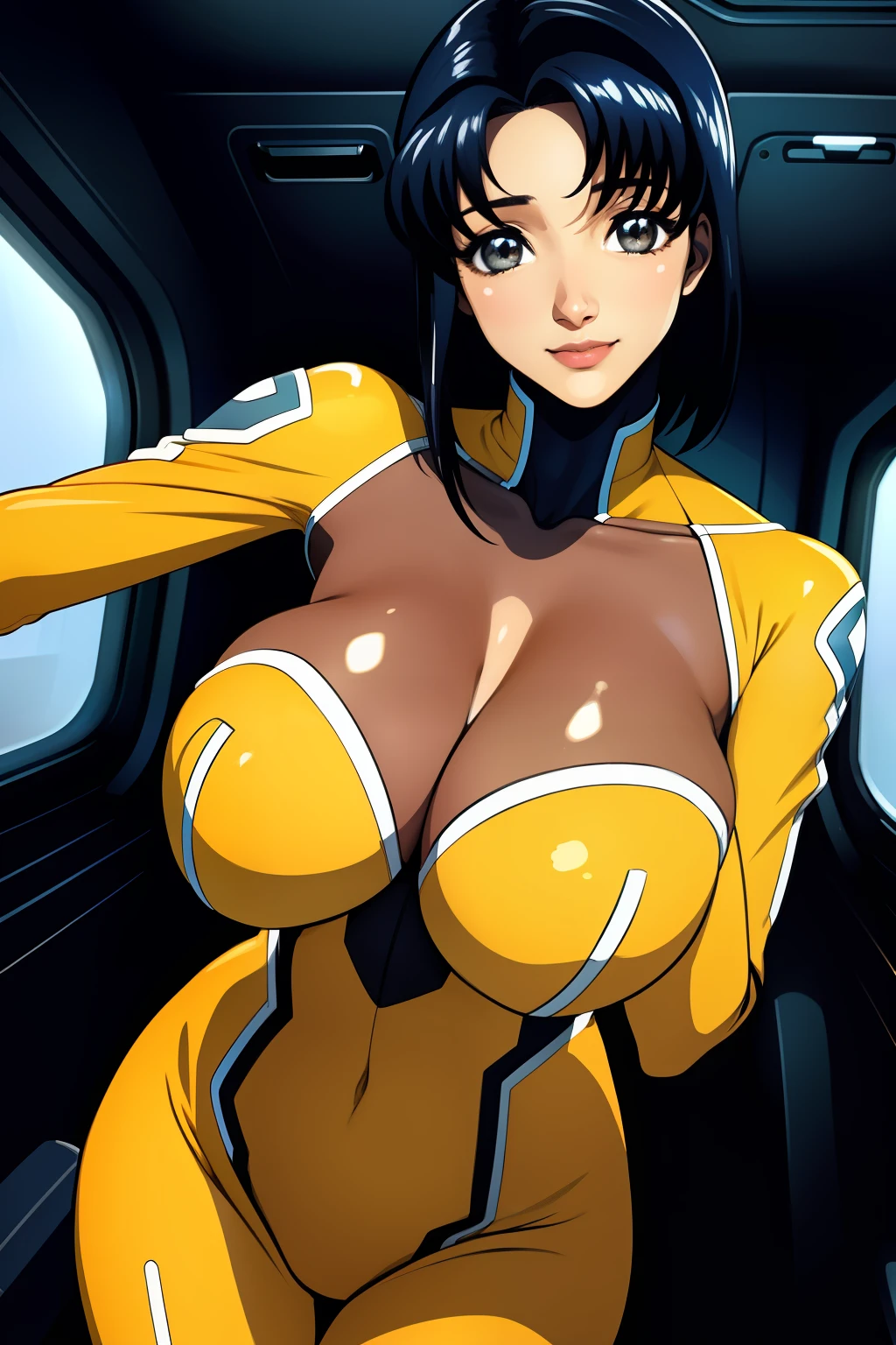 cecile croomy, nude, cleavage, breasts, breasts out, breast grab, smile
solo, 1girl,
(masterpiece, best quality, ultra-detailed), (realistic:1.4), (beautiful detailed face, beautiful detailed eyes, volumetric lighting),
(short hair, sidelocks, ears visible through hair), full-face blush, grey eyes,
pilot suit, bodysuit, yellow dress,
mksks style, beautiful background, spacecraft interior, huge breasts