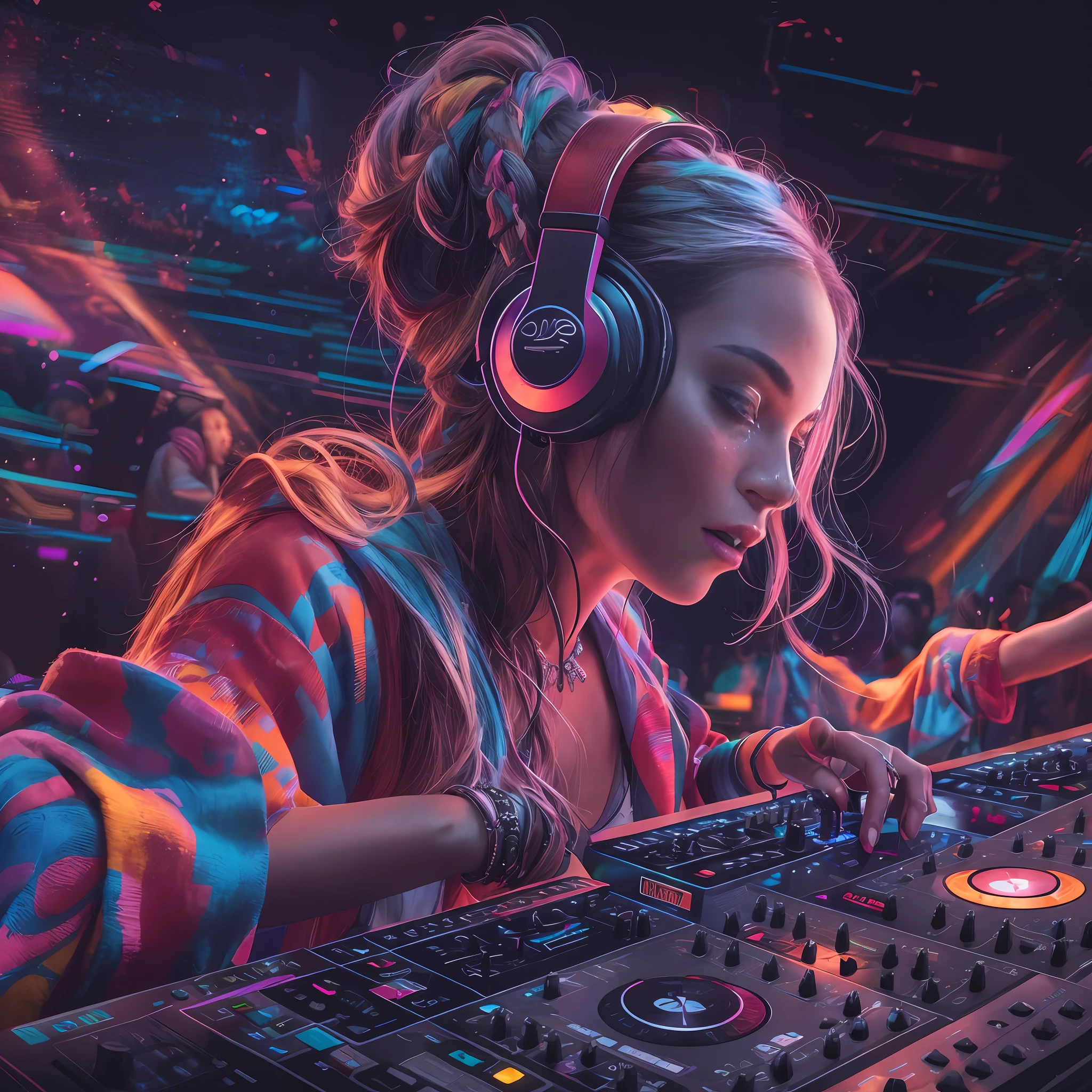 upper body, female dj, colorful clothes , quirky, vibrant appearance, playful accessories, creative behavior, imaginative, sensual, spontaneous, dj headphones, mixing console, music club, night club, indie theaters, people dancing on the dance floor background, underground danceclub, highest quality, skin texture, intricate details, (cinematic lighting), RAW photo, 8k