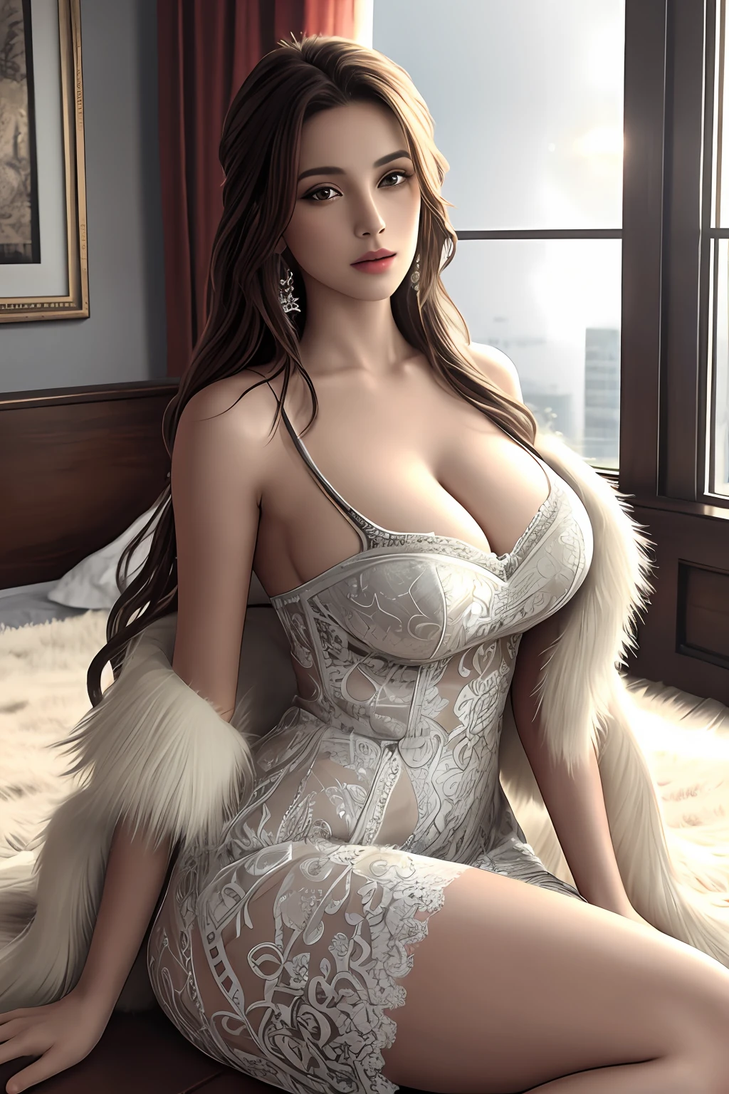 high quality, best quality, photo-realistic, raw-photo, realistic, ultra realistic 8k cg, ultra-detailed, High definition, masterpiece, 1girl, long hair, beautiful goddess, gorgeous female, fur coat, huge breasts, mature female, milf, perfect female body, lace dress, looking at viewer, sexy, alluring, attractive, seductive, enchanting, seductive, sitting, chilling, intricate details, detailed texture, finely detailed,
