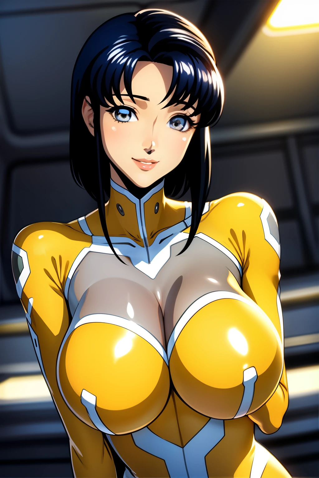 cecile croomy, nude, cleavage, breasts, breasts out, breast grab, smile
solo, 1girl, 
(masterpiece, best quality, ultra-detailed), (realistic:1.4), (beautiful detailed face, beautiful detailed eyes, volumetric lighting),
(short hair, sidelocks, ears visible through hair), full-face blush, grey eyes,
pilot suit, bodysuit, yellow dress, 
mksks style, beautiful background, spacecraft interior, huge breasts