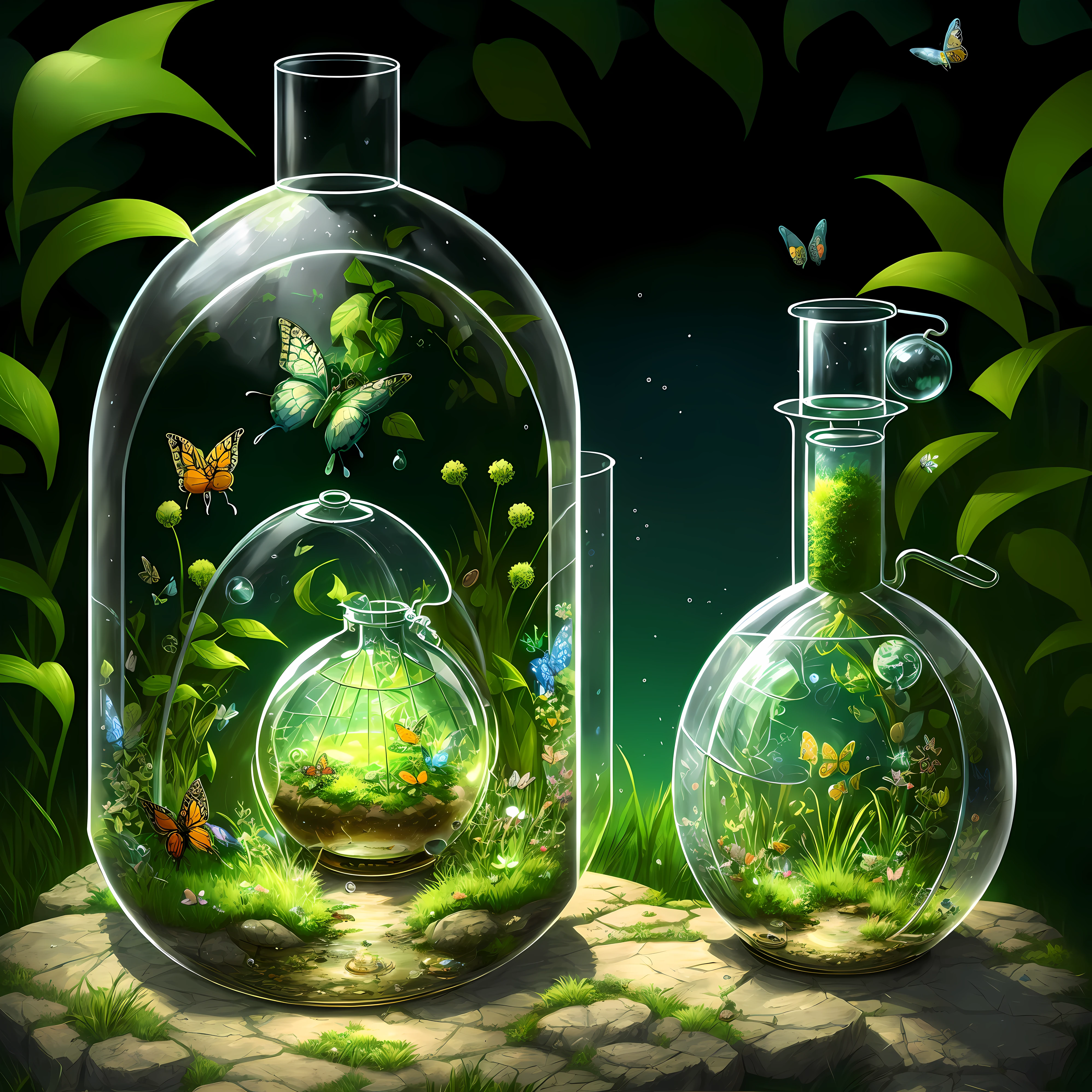 (Masterpiece, Best Quality: 1.2), (Super Detail), (Illustration), Wallpaper, Original, Round Bottom Flask, Grass, Vine, Water, Butterfly, Nature, Shining, Surrounded by Light, Terrarium, RPG Style, Cartoon, Fantasy, Mobile Game, (Shining)