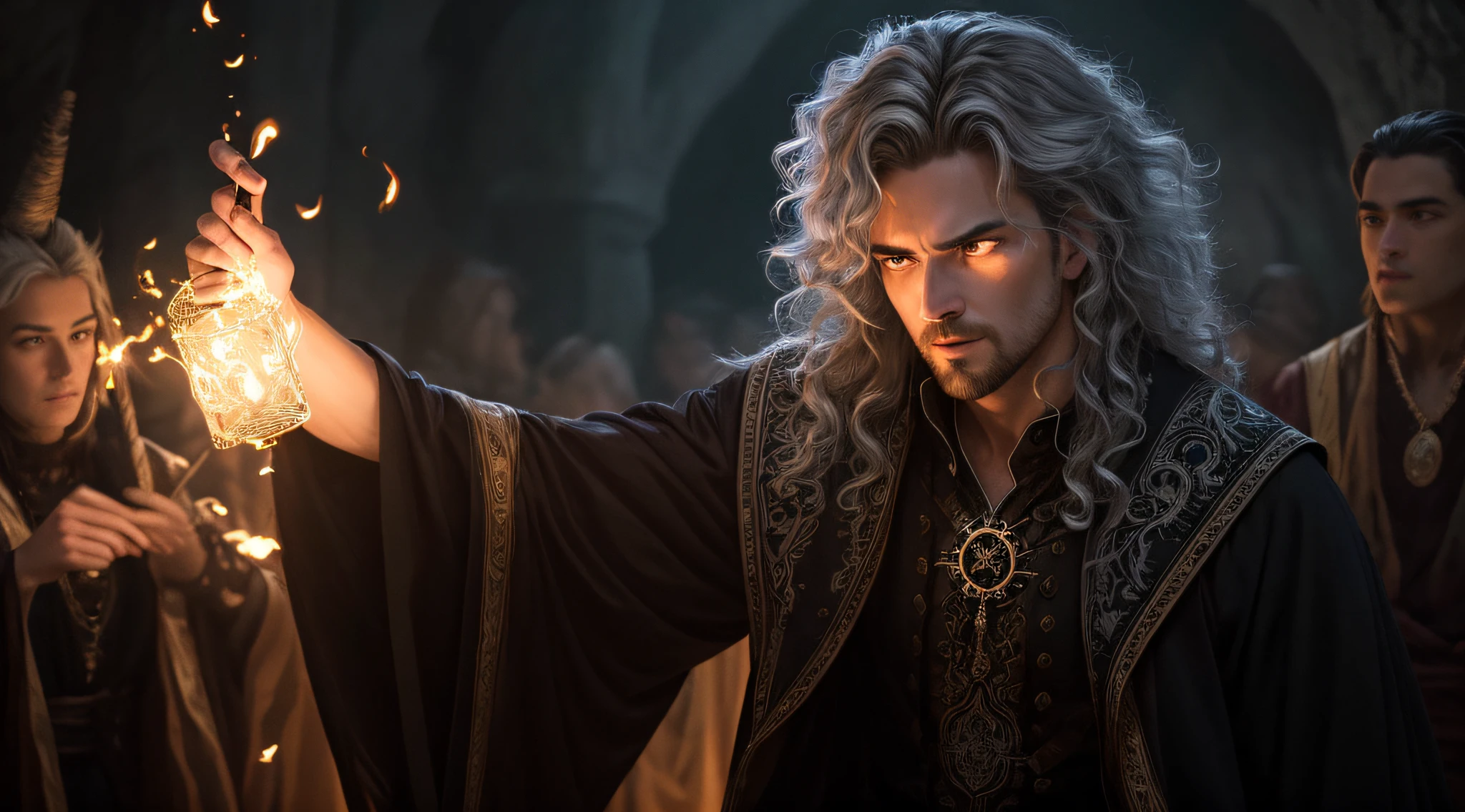 Cinematic action photo of a witch, his face illuminated by the glow of his magic spells. A roupa dela, um manto de veludo escuro, It is detailed with intricate patterns of silver threads and bright runes. seu rosto, uma imagem de intensidade focalizada, It is framed by a cascade of savages, untamed hair. The colors are dark and dramatic, with the glow of his magic casting a hard, luz sinistra em cena. --AR 3:2 00 --s 2