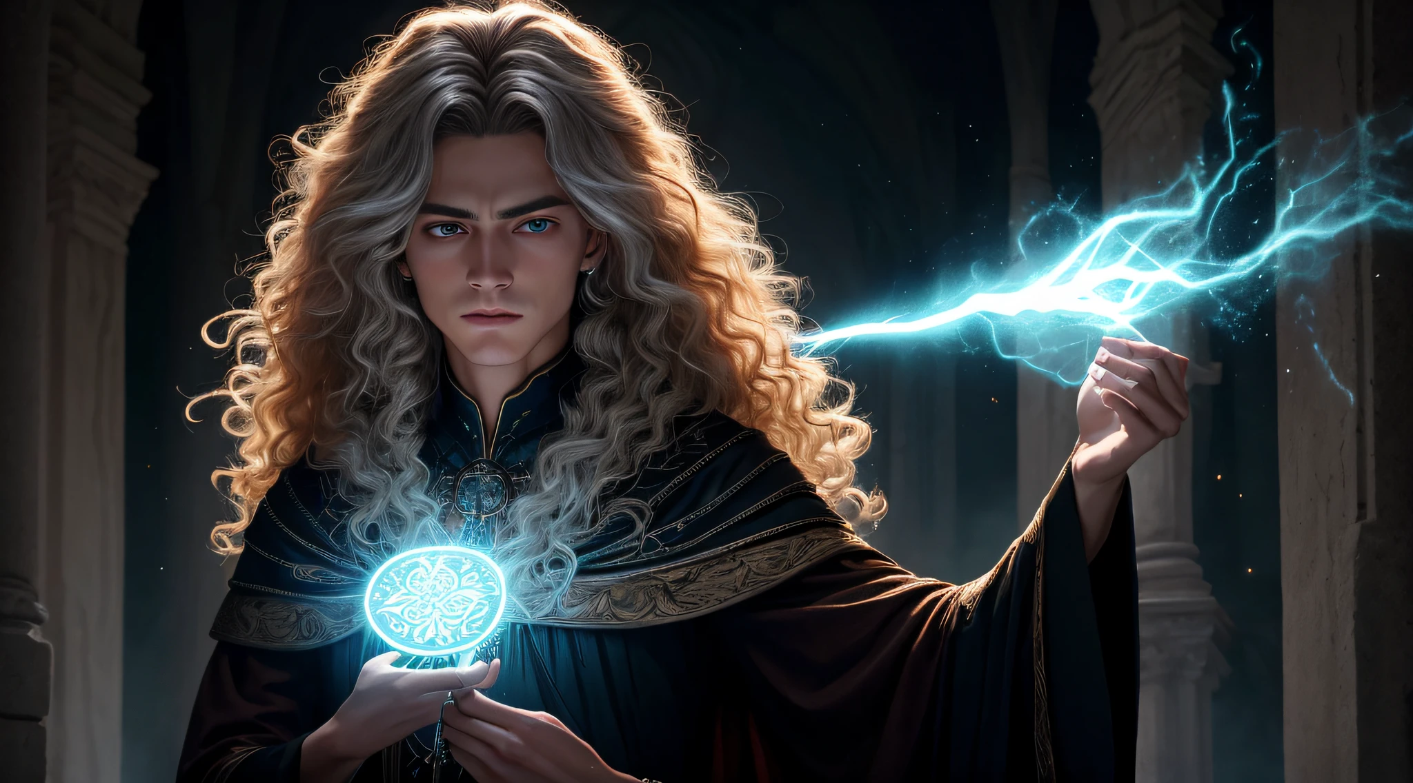 Cinematic action photo of a witch, his face illuminated by the glow of his magic spells. A roupa dela, um manto de veludo escuro, It is detailed with intricate patterns of silver threads and bright runes. seu rosto, uma imagem de intensidade focalizada, It is framed by a cascade of savages, untamed hair. The colors are dark and dramatic, with the glow of his magic casting a hard, luz sinistra em cena. --AR 3:2 00 --s 2