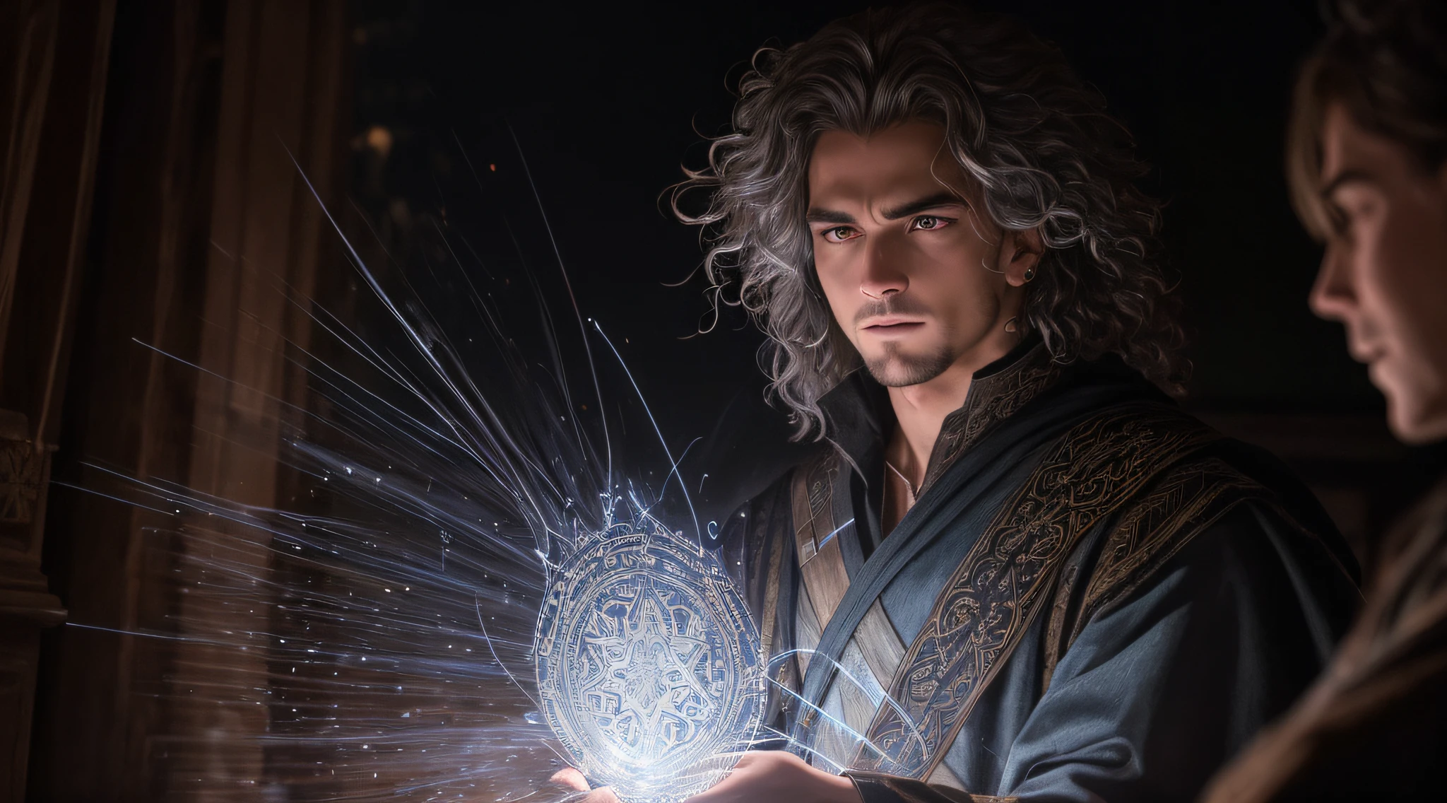 Cinematic action photo of a witch, his face illuminated by the glow of his magic spells. A roupa dela, um manto de veludo escuro, It is detailed with intricate patterns of silver threads and bright runes. seu rosto, uma imagem de intensidade focalizada, It is framed by a cascade of savages, untamed hair. The colors are dark and dramatic, with the glow of his magic casting a hard, luz sinistra em cena. --AR 3:2 00 --s 2
