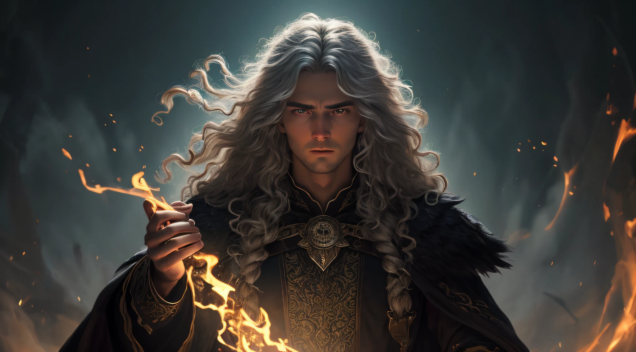 Cinematic action photo of a witch, his face illuminated by the glow of his magic spells. A roupa dela, um manto de veludo escuro, It is detailed with intricate patterns of silver threads and bright runes. seu rosto, uma imagem de intensidade focalizada, It is framed by a cascade of savages, untamed hair. The colors are dark and dramatic, with the glow of his magic casting a hard, luz sinistra em cena. --AR 3:2 00 --s 2