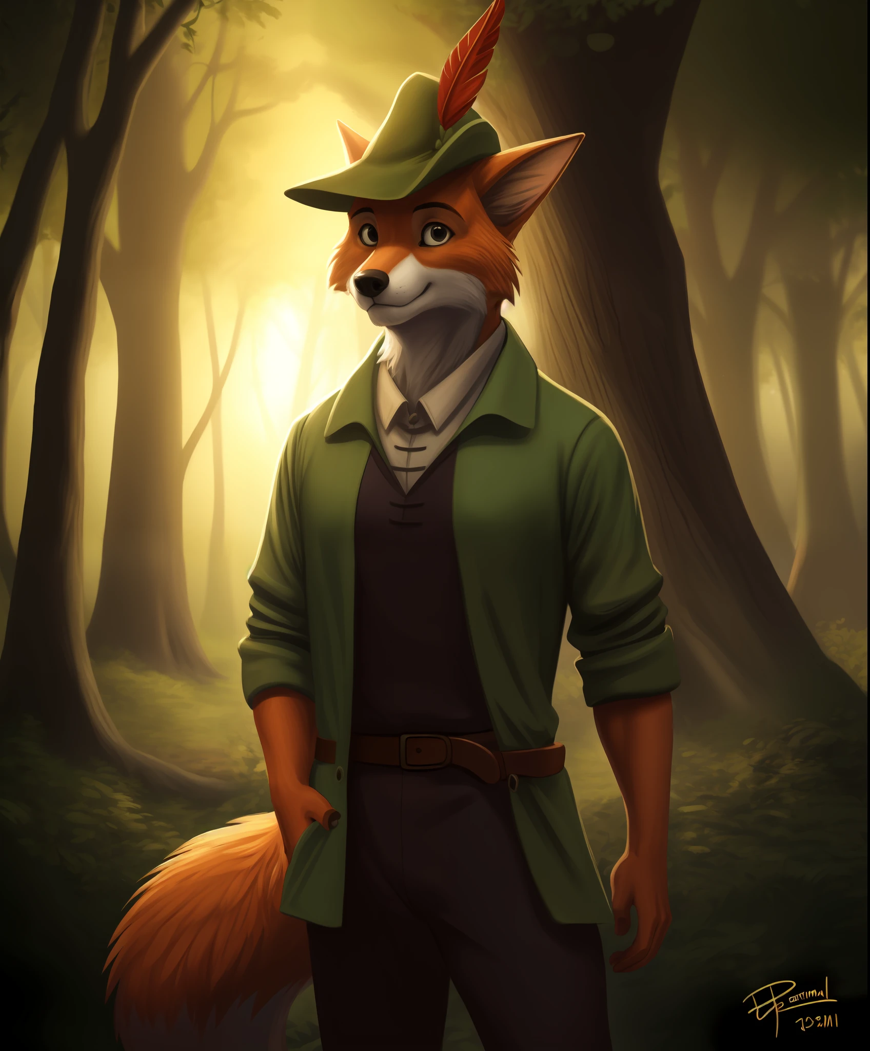 robin hood, male, solo, fox, forest, front view, clothed, headgear, feather, green topwear, jacket,
BREAK,
by bruteandbrawn, by personalami, by kenket, (intricate, high detail, film photography, soft focus, RAW candid cinema,
photorealism, realistic, photorealistic, analog style, subsurface scattering,
masterpiece, best quality, ultra realistic, 8k)