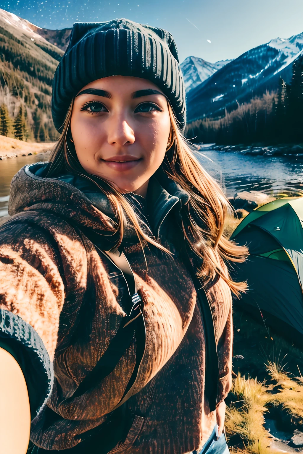 VeronicaCipher ((upper body selfie, happy)), masterpiece, best quality, ultra-detailed, solo, outdoors, (night), mountains, nature, (stars, moon) cheerful, happy, backpack, sleeping bag, camping stove, water bottle, mountain boots, gloves, sweater, hat, flashlight, forest, rocks, river, wood, smoke, shadows, contrast, clear sky, analog style (look at viewer:1.2) (skin texture) (film grain:1.3), (warm hue, warm tone) :1.2), close up, cinematic light, sidelighting, ultra high res, best shadow, RAW, upper body,  , wearing pullover
kodak vision 3,