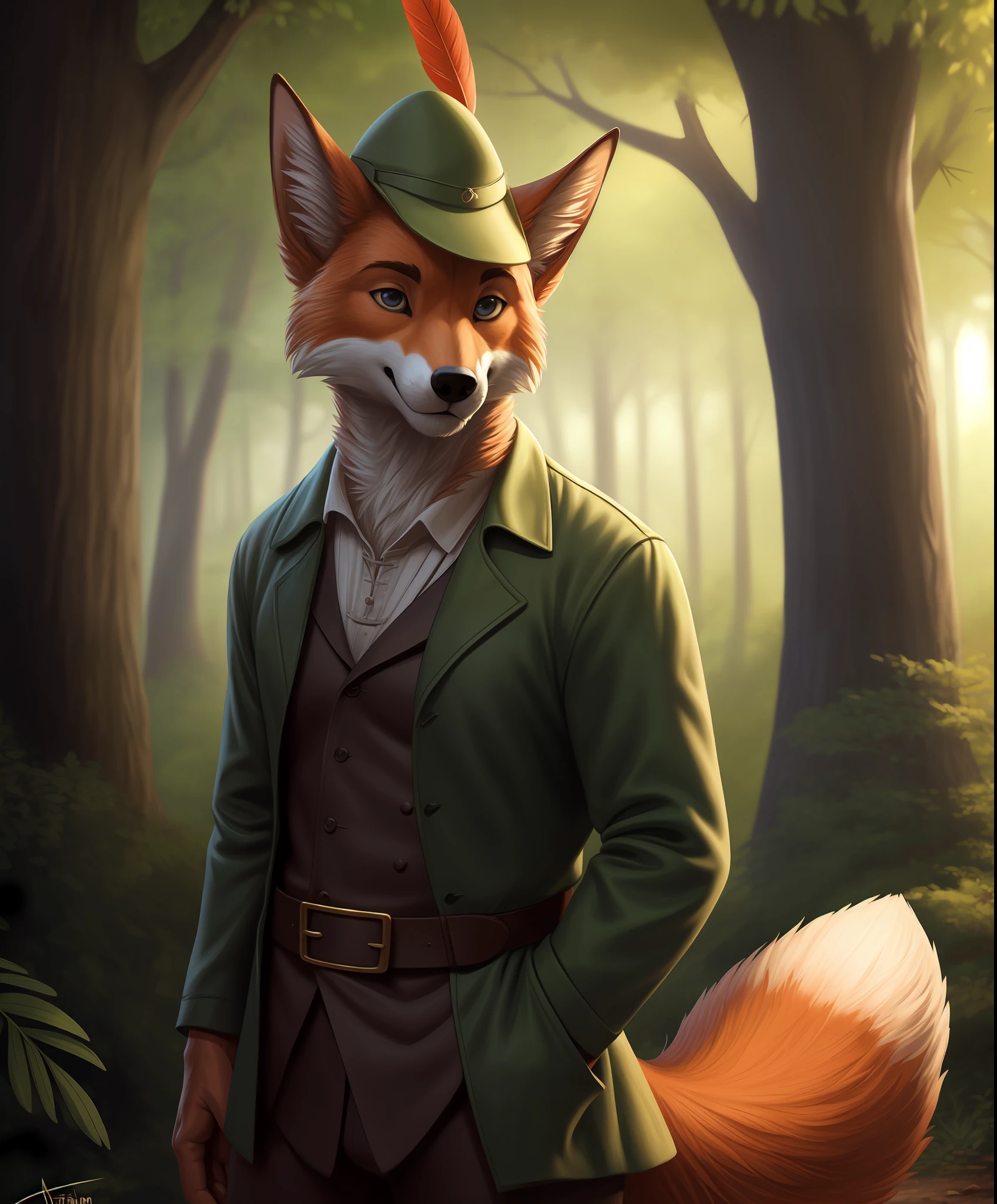 robin hood, male, solo, fox, forest, front view, clothed, headgear, feather, green topwear, jacket,
BREAK,
by bruteandbrawn, by personalami, by kenket, (intricate, high detail, film photography, soft focus, RAW candid cinema,
photorealism, realistic, photorealistic, analog style, subsurface scattering,
masterpiece, best quality, ultra realistic, 8k)