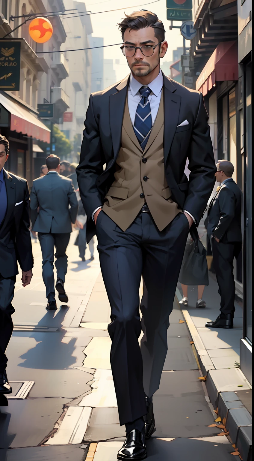Realistic, (best quality, masterpiece: 1.3), men, (in suit) (walking down the street)