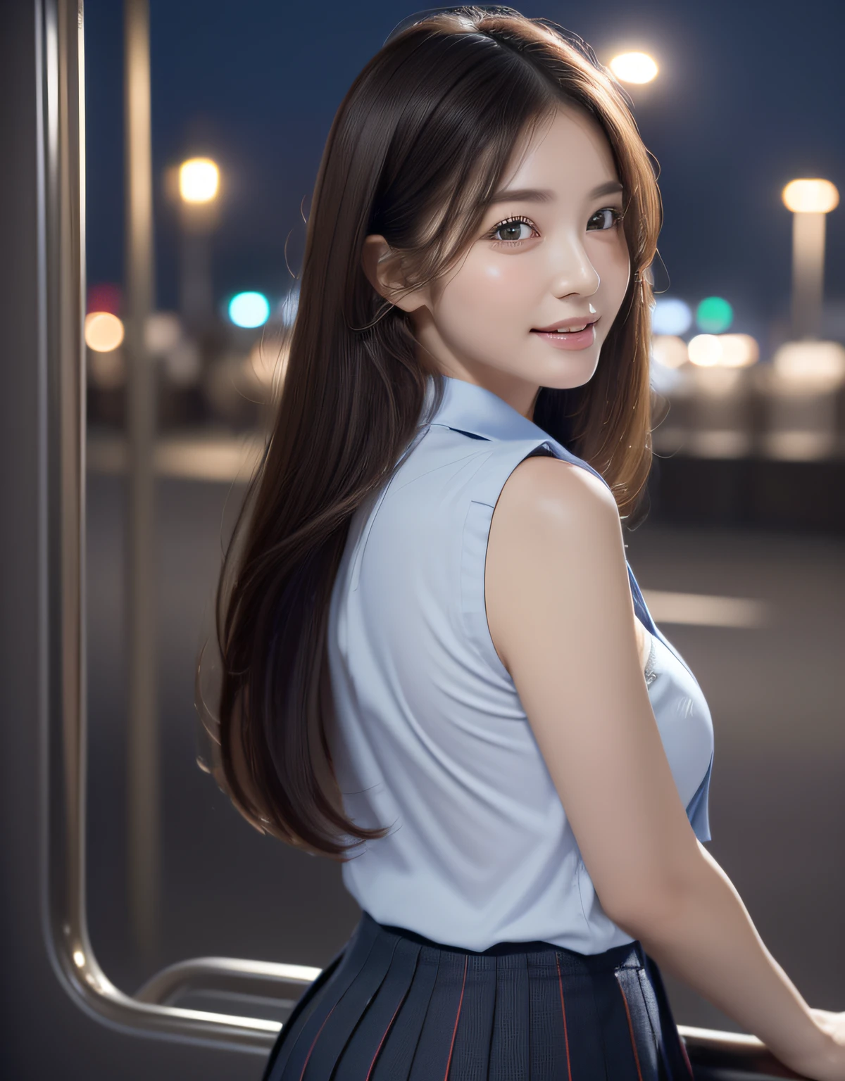 (((Night situation:1.5))), photorealistic, (8k, RAW photo, best quality, masterpiece:1.2), High detail RAW color photo, professional photograph, cowboy shot, (realistic, photo realistic:1.37), cinematic light, (finery detailed face:1.2), white skin, real human skin, (detailed face), oval face, pores, ultra high res, BREAK, thigh 1girl, (((look back:1.2), (thrust out one's hip:1.2))), very cute, very beautiful, photo realistic, Beauty event companion, 18-28 years old, curby:1.15, (medium-breast:1.37, cleavage:1.37), (looking straight at viewer with a serene and goddess-like happiness:1.2), (beautiful thin long hair, brown hair), (lifter gloss, eyelashes, gloss-face, best quality, ultra highres, Broad lighting, natural shading), BREAK, (seductive look, (school girl uniform:1.3, light-blue collared shirt:1.3, black box-pleats-skirt:1.3)), BREAK, ((shy, light smile:1.3, happy;1.3, closed mouth:1.3, blush, in heat, presenting)), BREAK, ((Night bus view:1.5, in the train, moody:1.5, night, star, starry, moody lighting:1.5, cinematic light)), ((sexy random posing:1.3)), blurry background, bokeh, depth of field, (cowboy shot:1.3), centered image, perfect anatomy, perfect proportion,