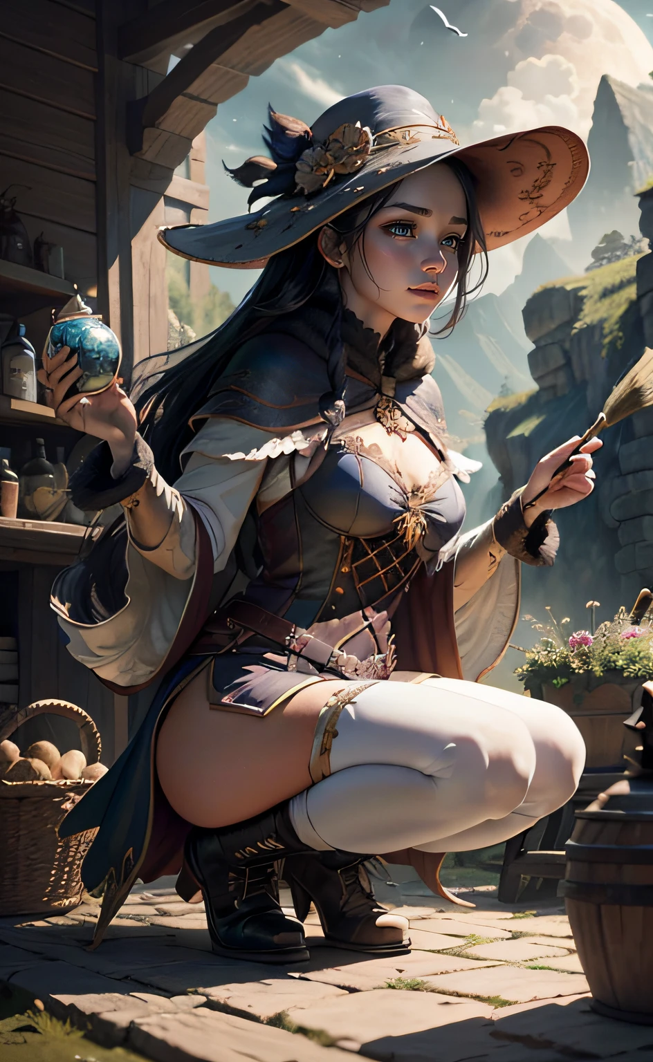 tmasterpiece,best qualtiy,ultra - detailed,illustratio,one-girl,独奏,fanciful,flight,broom,nigh sky,exteriors,magia,incantation,themoon,As estrelas,clouds,ventania,the hair,cloaks,bucket-hat,Boots,broom,with light glowing,mistic,Attractive cleavage,Whimsical,fun,Adventurous,Free,Miraculous,Imaginative,Determined,Skillful,Speedy,kinetic,Energetic,Realist,Naturalistic,Figurative,Figurative,The beautiful,Fantasy culture,mito,fairytale-like,Folklore,legends,sorceress woman,the witcher、Magical creatures、Fantasy world、composition、(Backgrounds account for 65 of the total%)、foreground、中景 the scene is、Background with、ssee-through、llight rays、colours、Textured、the detail、Beauty Feeling、miracle。