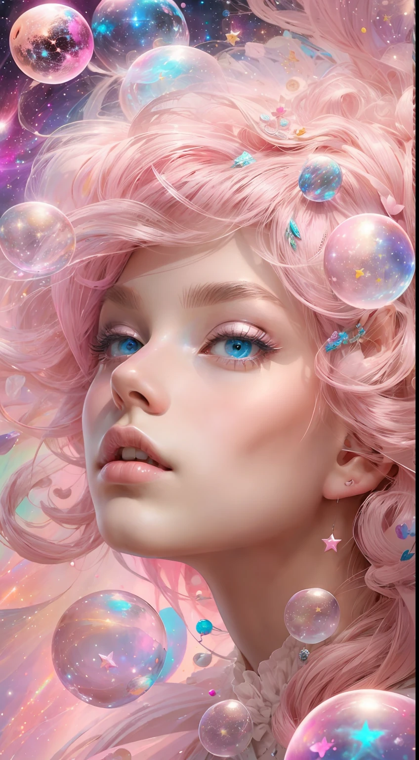 ((masterpiece)), best qualified, pink, a delicate fairy petite woman exploring a bubble gum world, light and space, a wide variety of pastel shades, All in high definition and detail, such as stars, galaxies, colorful petals, a lot of energy and emotion! With a detailed face and beautiful eyes!"