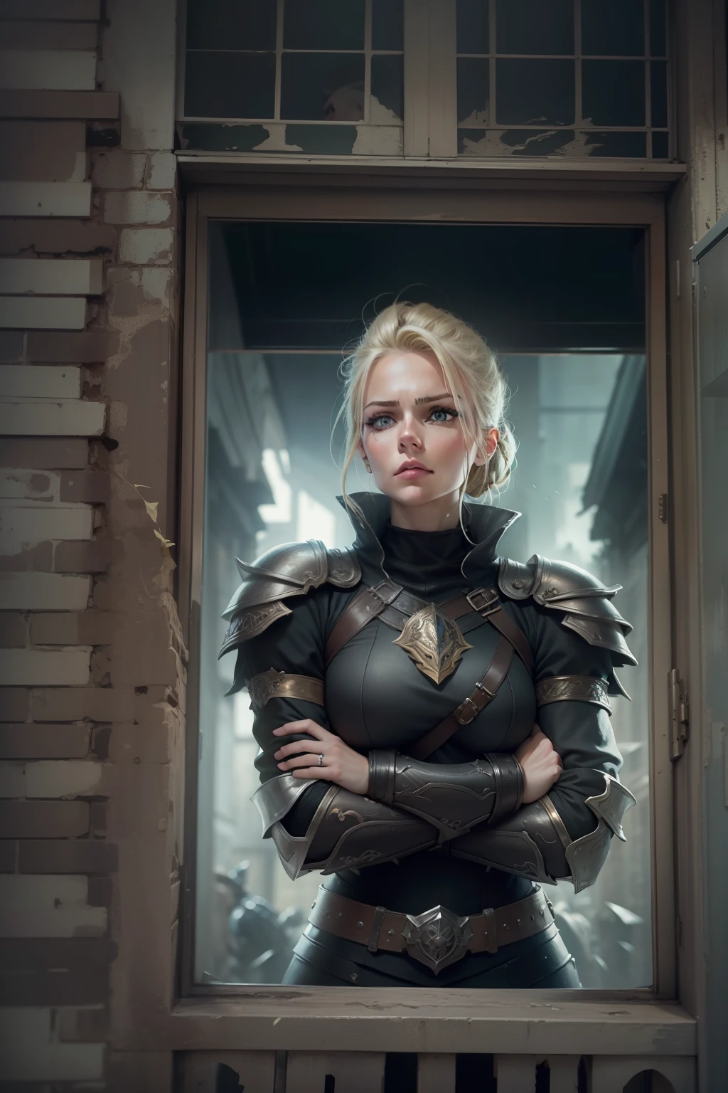 realistic image of a beautiful blonde woman, light eyes, strong, head in a bun, dressed in black rpg warrior outfits with silver shoulder pads, worried expression, standing behind a window of a building