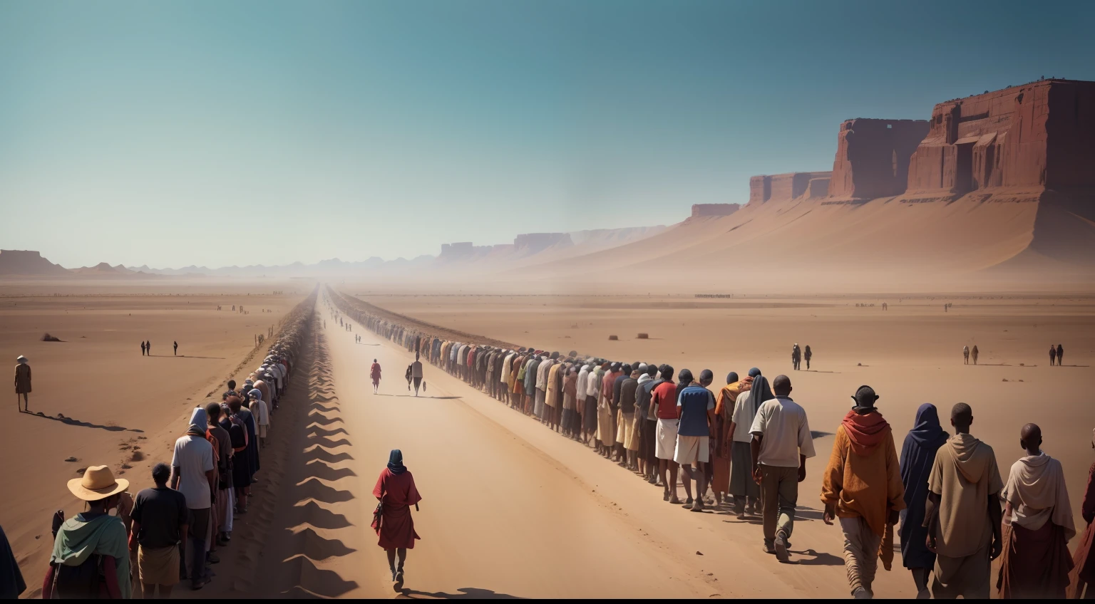 crowd of people walking together in a desert, Vision from afar, povo africano antigo