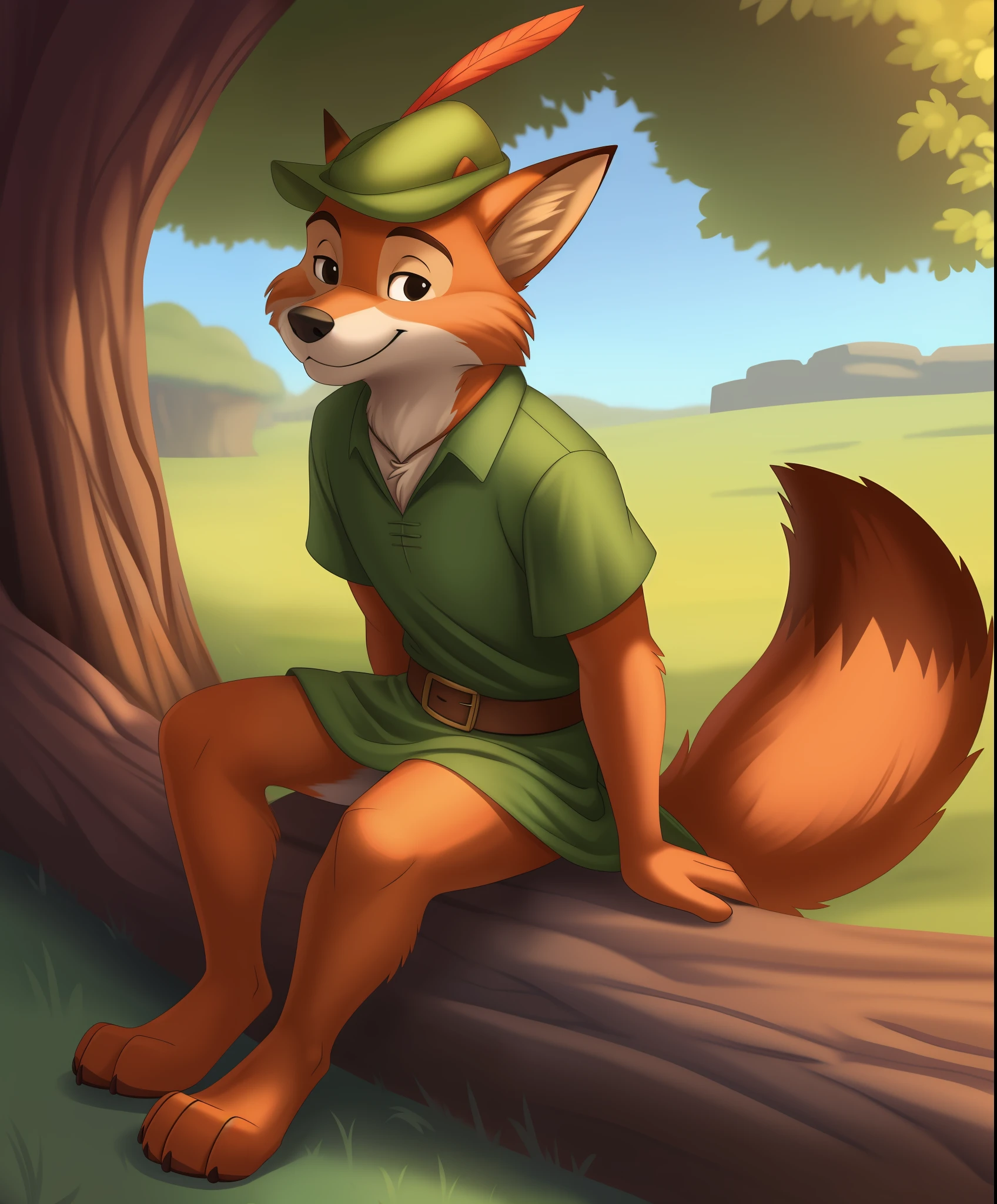 detailed background,
solo, anthro, male, fox, robin hood \(disney\), orange fur,
canine, digitigrade,
tunic, hat,
sitting, on branch,