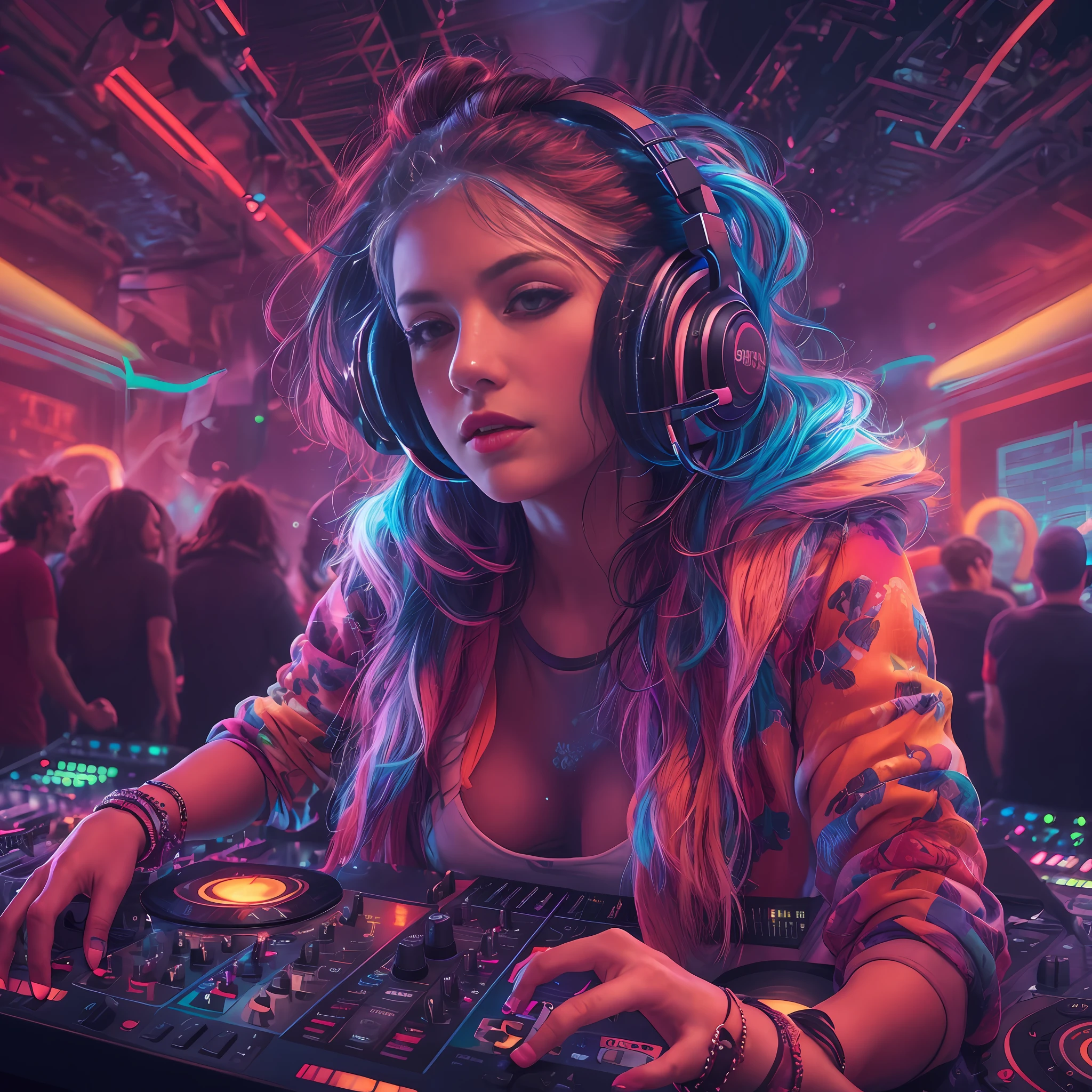 upper body,  female dj, colorful clothes , quirky, vibrant appearance,  playful accessories, creative behavior, imaginative, sensual, spontaneous, dj headphones, mixing console, music club, night club, indie theaters, people dancing on the dance floor background,  underground danceclub,  highest quality, skin texture, intricate details, (cinematic lighting), RAW photo, 8k