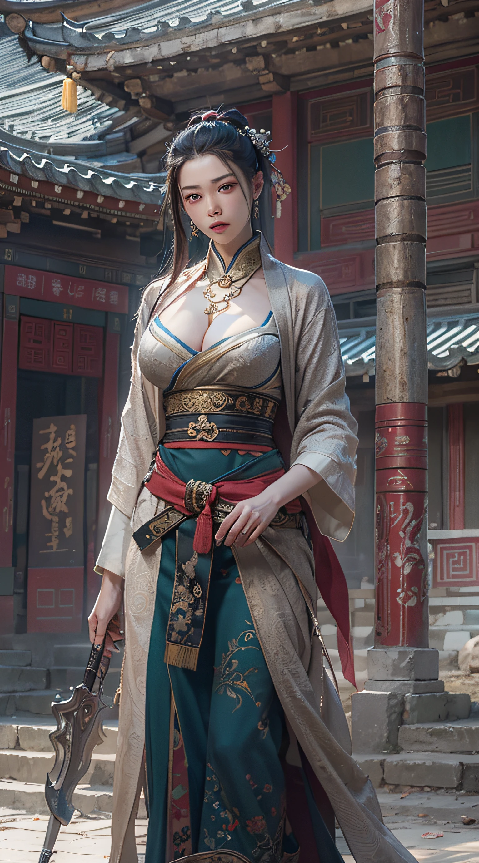 Best quality,masterpiece,ultra high res,(photorealistic:1.4),xiuxian,weapon,Detailed face, 1girl,solo,weapon,cleavage,(magic circle:1.2),xiuxian,upper body,Beautiful girl,full body,huge breasts,east asian architecture,sheath,architecture,