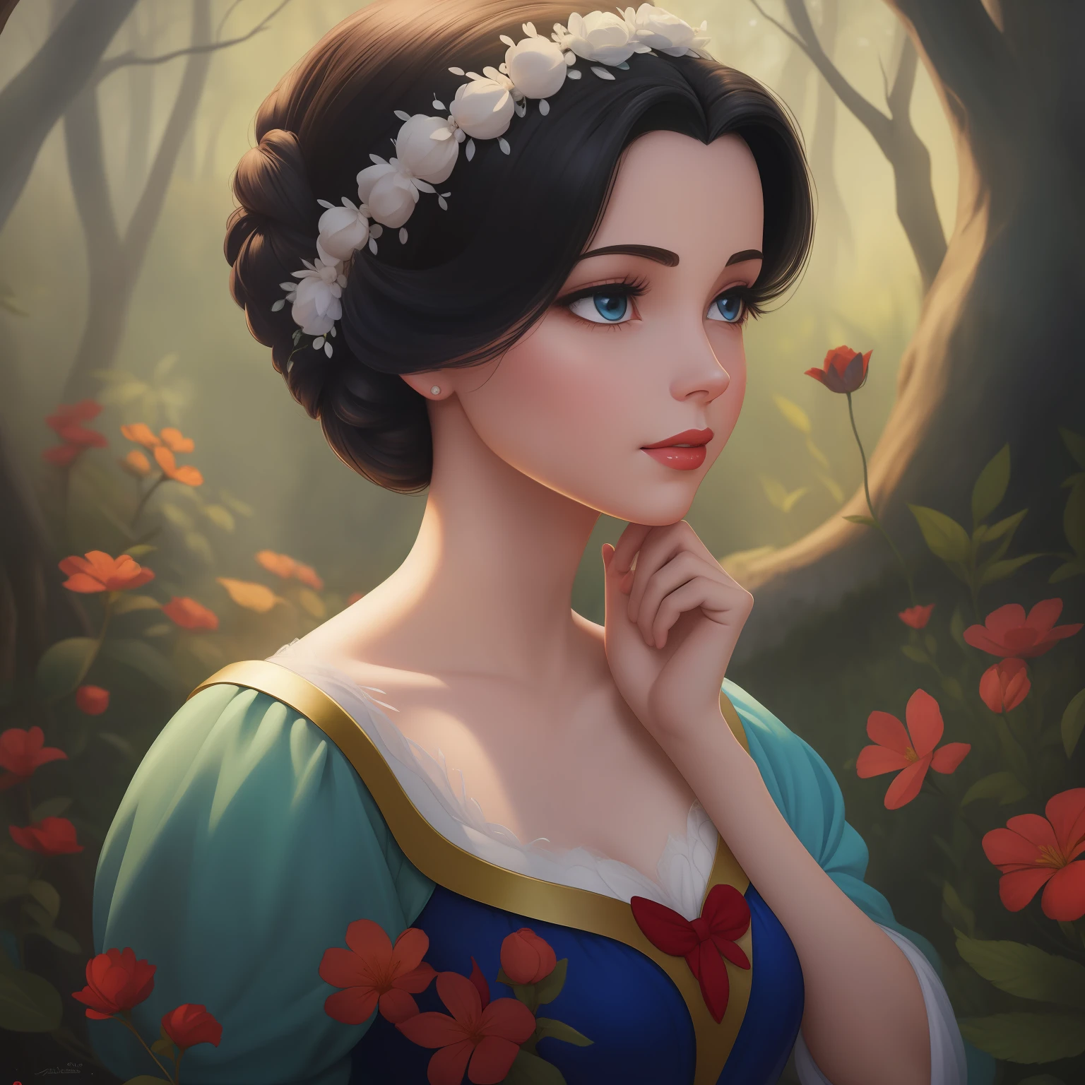 pintura de uma branca de neve sentada em uma rocha em uma floresta, Retrato da Branca de Neve, Branca de Neve, Arte no estilo da Disney, estilo de arte disney, pale snow white skin, arte disney, 4K HD |. cabelos brancos de neve, pintura de personagem bonita, arte conceitual disney, arte de pintura digital dos desenhos animados, Pintura do retrato de uma princesa, personagem disney, estilo de personagem disney