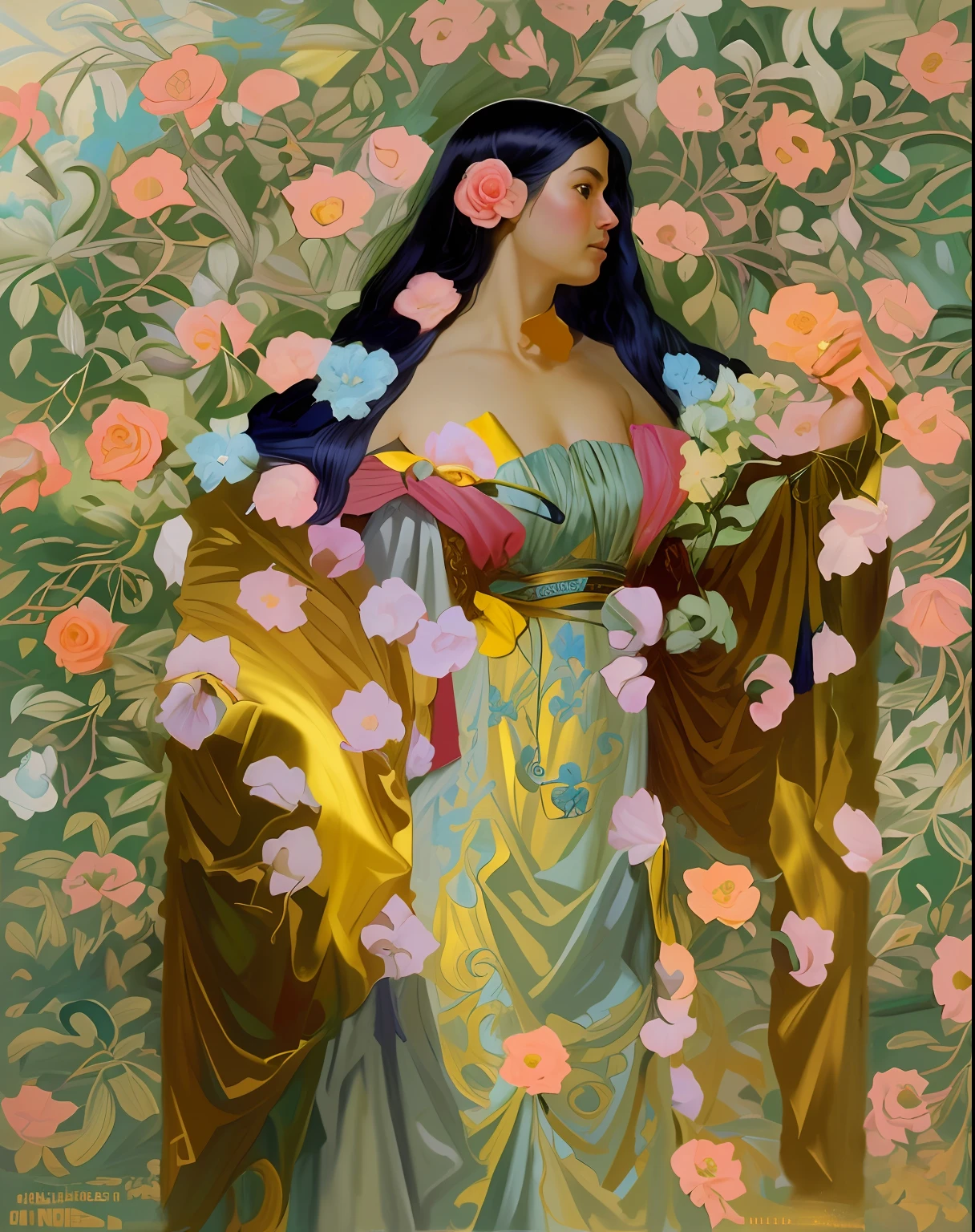 uma pintura de uma mulher em um vestido azul e rosas amarelas, inspirado em James C. Christensen, Inspirado por James Christensen, por James C. Christensen, Estilo de Donato Giancola, coberto de ouro, Inspirado em Donato Giancola, Directed by: Juan O'Gorman, Kehinde Wiley, hiperdetalhado | Donato Giancola, Directed by: Alexander Kucharsky