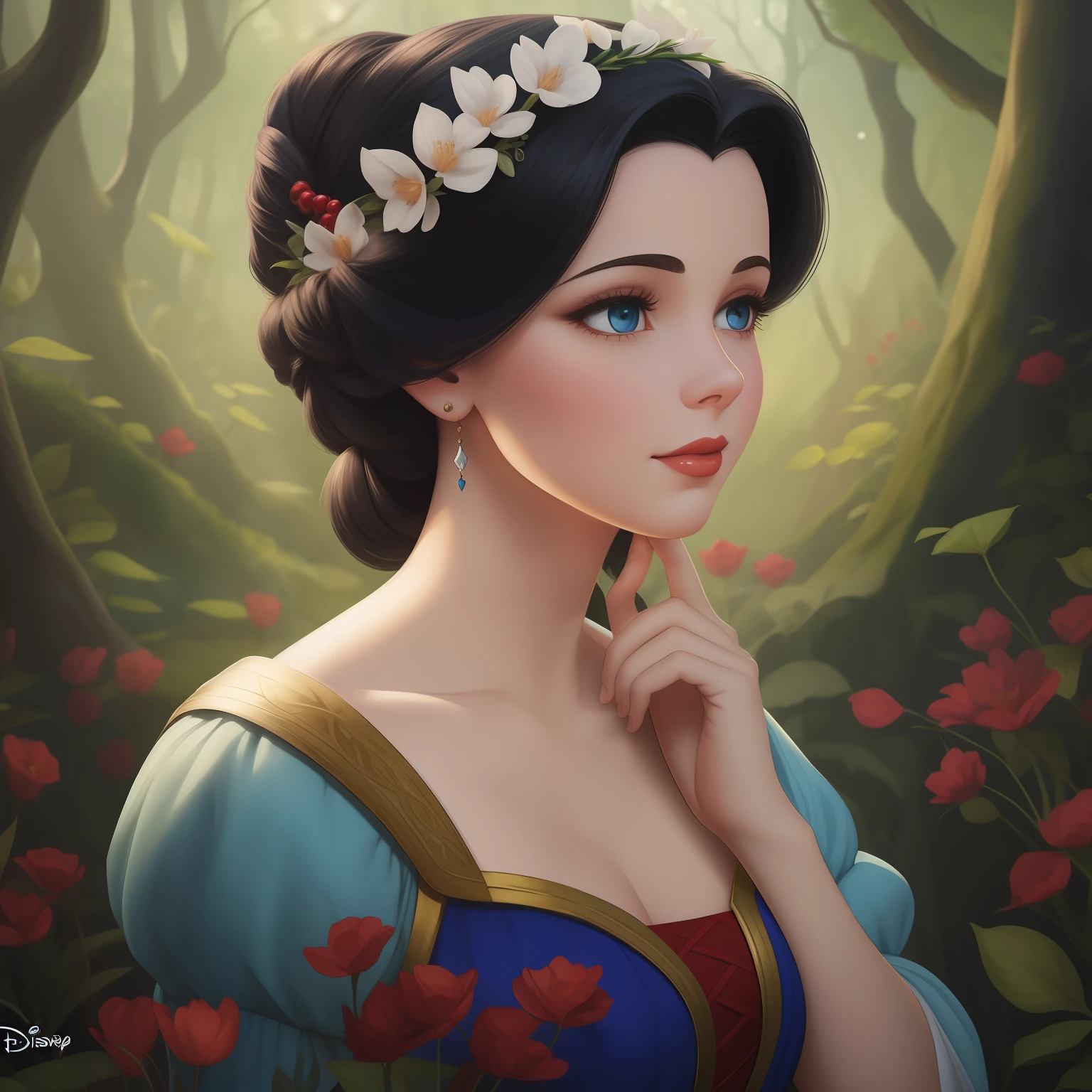pintura de uma branca de neve sentada em uma rocha em uma floresta, Retrato da Branca de Neve, Branca de Neve, Arte no estilo da Disney, estilo de arte disney, pale snow white skin, arte disney, 4K HD |. cabelos brancos de neve, pintura de personagem bonita, arte conceitual disney, arte de pintura digital dos desenhos animados, Pintura do retrato de uma princesa, personagem disney, estilo de personagem disney