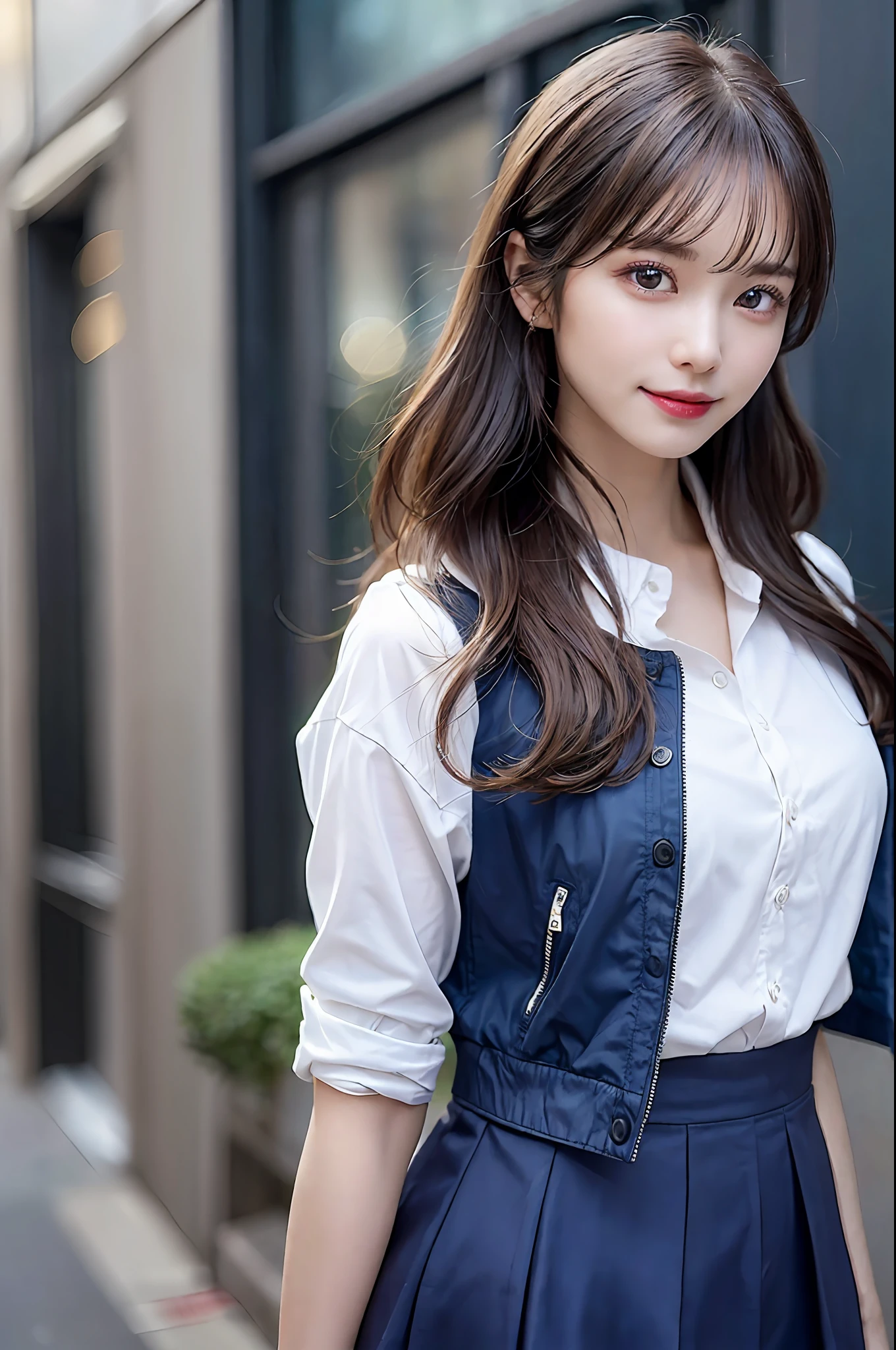 {“query”: “a person”}、((Realistic lighting、top-quality、8K、masterpiece:1.3))、Focus:1.2、1 girl、Perfect figure:1.4、Slim abs:1.1、((dark brown hair))、(Dark blue jacket)、(Dark blue skirt)、(White shirt)、(outside of house、Daytime:1.1)、(Super fine face、A smile)、big eye、24