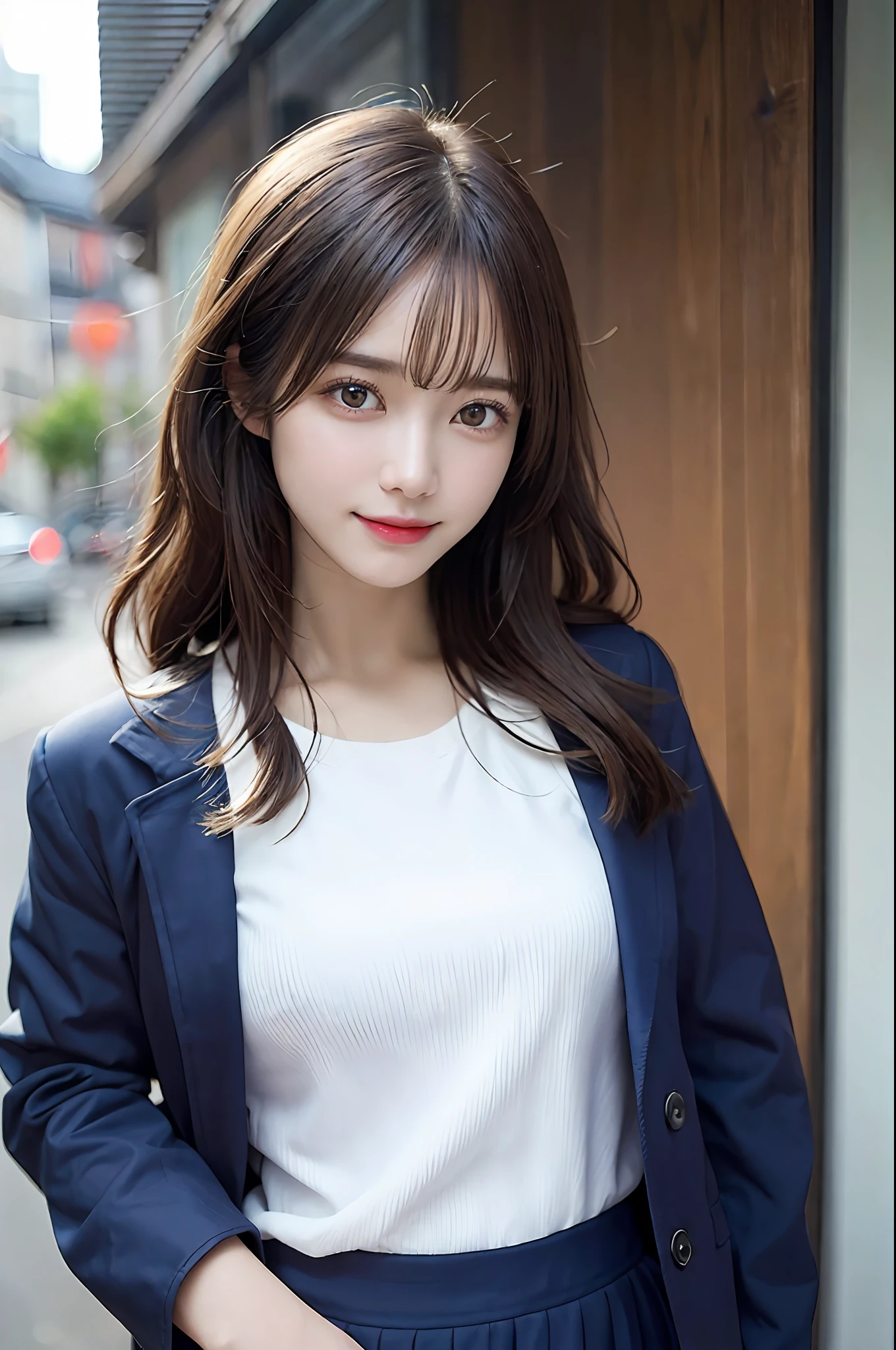 {“query”: “a person”}、((Realistic lighting、top-quality、8K、​masterpiece:1.3))、Focus:1.2、1 girl、Perfect figure:1.4、Slim abs:1.1、((dark brown hair))、(Dark blue jacket)、(Dark blue skirt)、(White shirt)、(outside of house、Daytime:1.1)、(Super fine face、A smile)、big eye、24