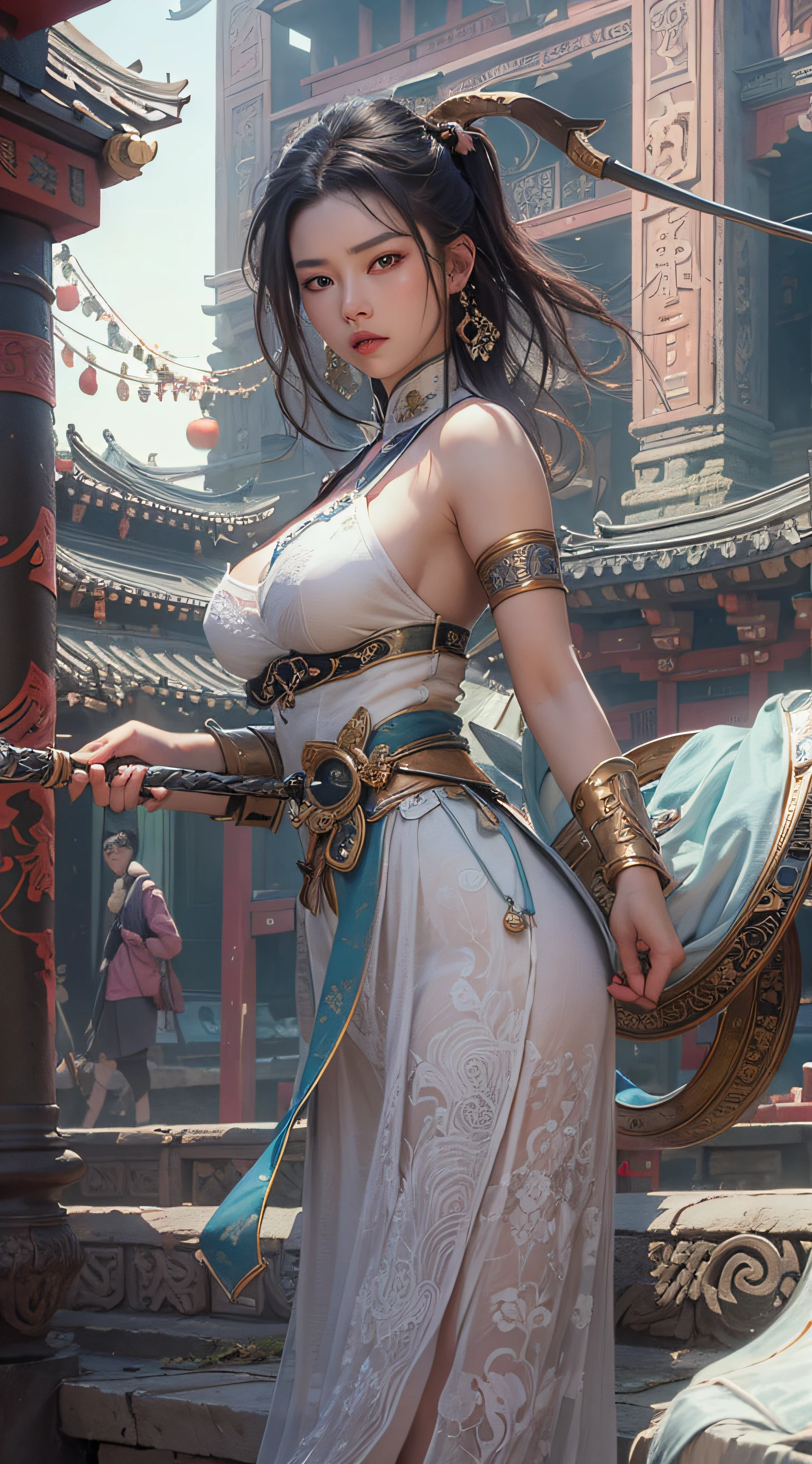 Best quality,masterpiece,ultra high res,(photorealistic:1.4),xiuxian,weapon,Detailed face, 1girl,solo,weapon,cleavage,(magic circle:1.2),xiuxian,upper body,Beautiful girl,full body,huge breasts,east asian architecture,sheath,architecture,