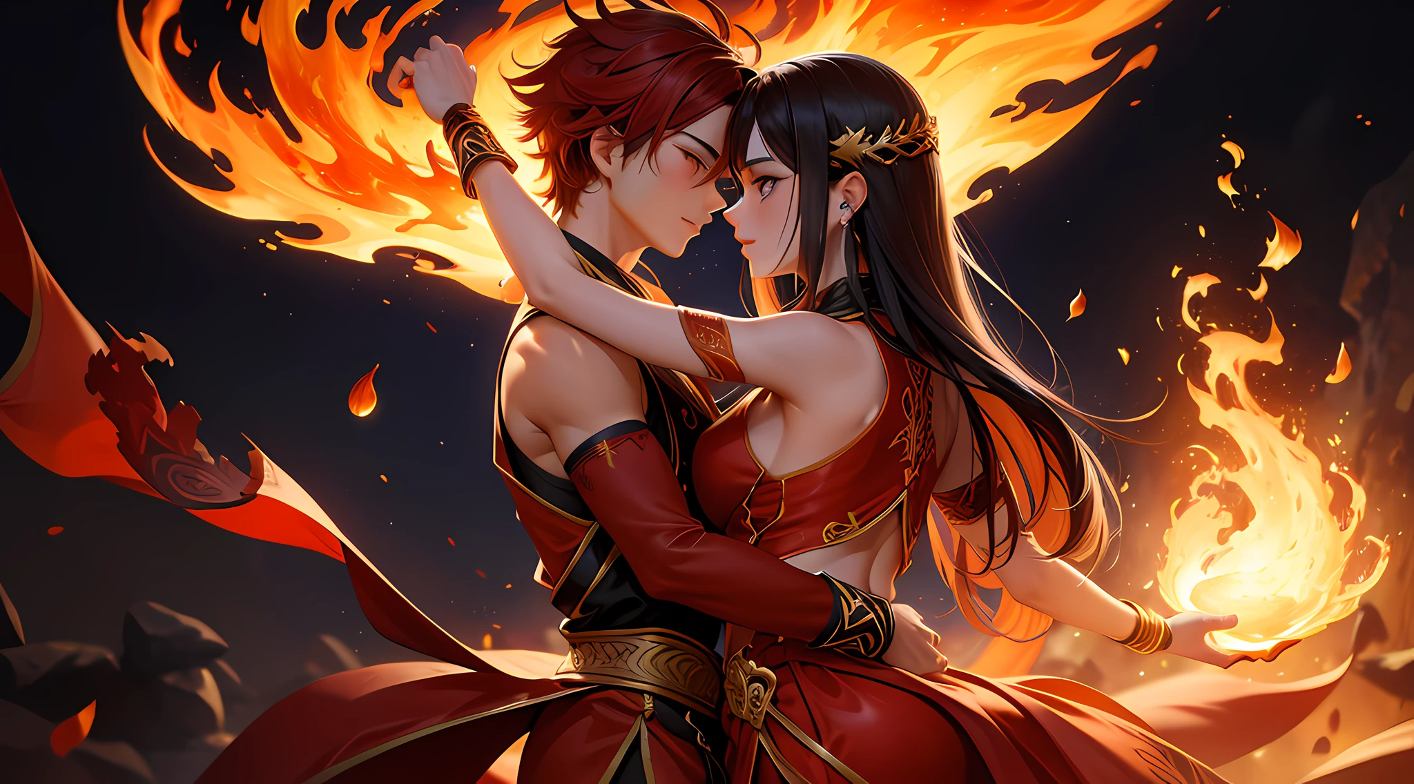 Works of art depicting fire spirits evoke a sense of vitality and passion. The body of 2 people dancing and is swallowed by red and orange 4k flames, rostos detalhados high definition, giving the impression of being in a burning fire. His silhouette is blurred by the dance of flames, e sua beleza brilha com um brilho misterioso. Her expression has depth and reveals the passion hidden within her. This work embodies the strength and fervor of the fire spirit and conveys its intense energy to the viewer, fotorrealista, obra-prima, qualidade superior, ultra detalhada, HDR, 8k