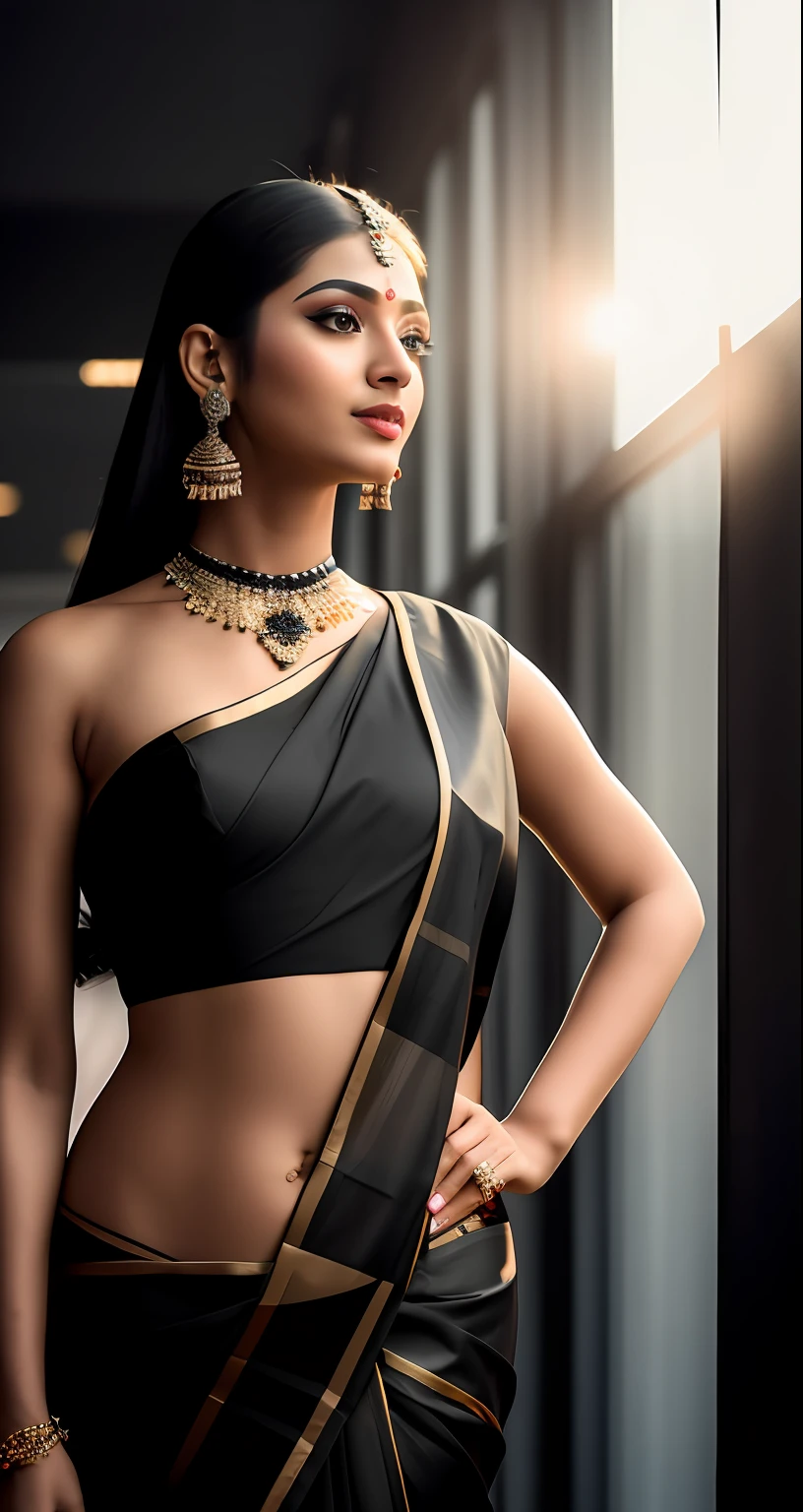 8k, RAW photo, portrait, best quality, ultra high res, photorealistic,
1girl((Balck sari)), full body, thigh, design hair, earrings, necklace, eyelashes,beauty breast, spread legs,cinematic lighting, depth of field, lens flare,
