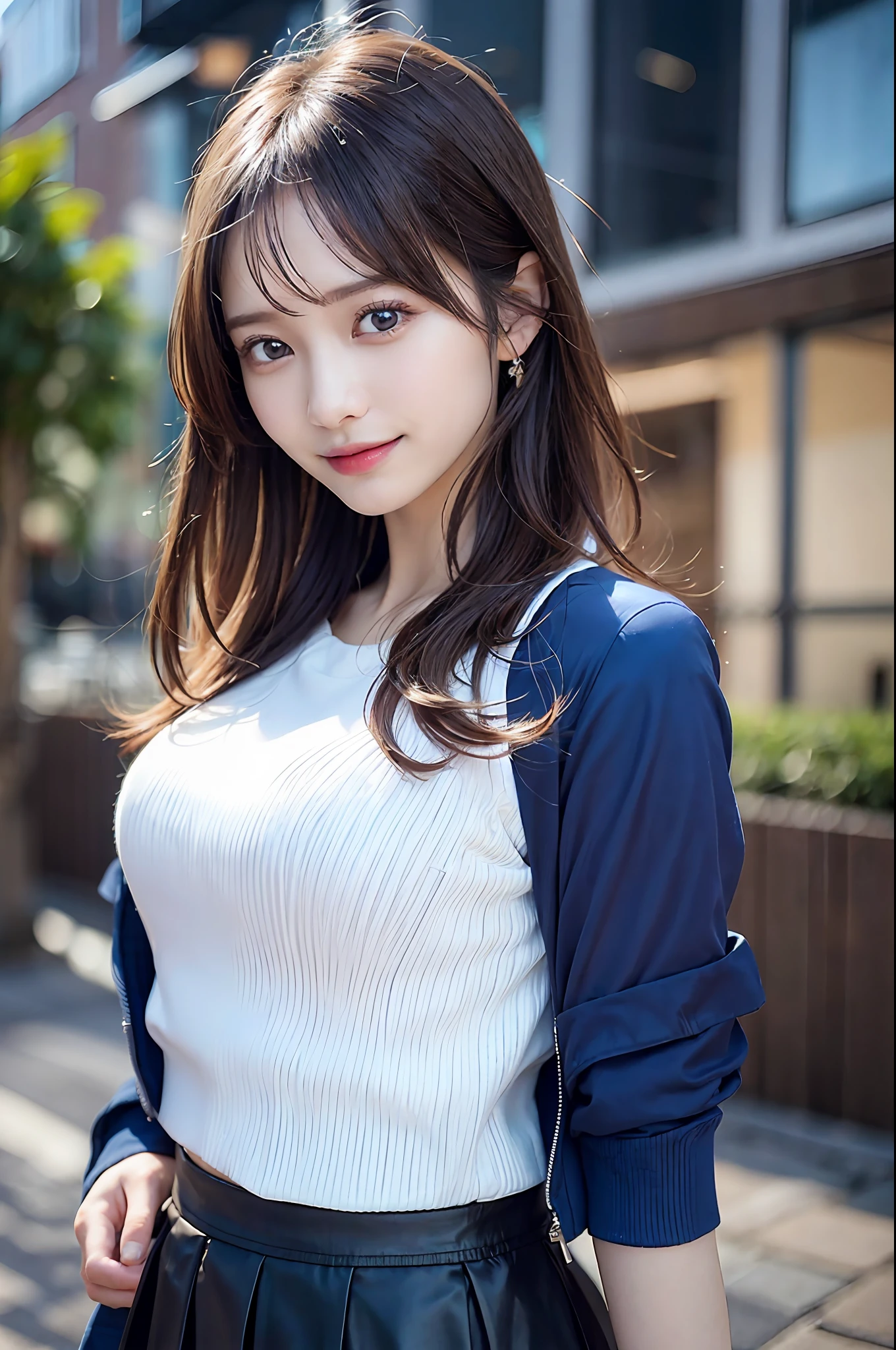 {“query”: “a person”}、((Realistic lighting、top-quality、8K、masterpiece:1.3))、Focus:1.2、1 girl、Perfect figure:1.4、Slim abs:1.1、((dark brown hair))、(Dark blue jacket)、(Dark blue skirt)、(White shirt)、(outside of house、Daytime:1.1)、(Super fine face、A smile)、big eye、24