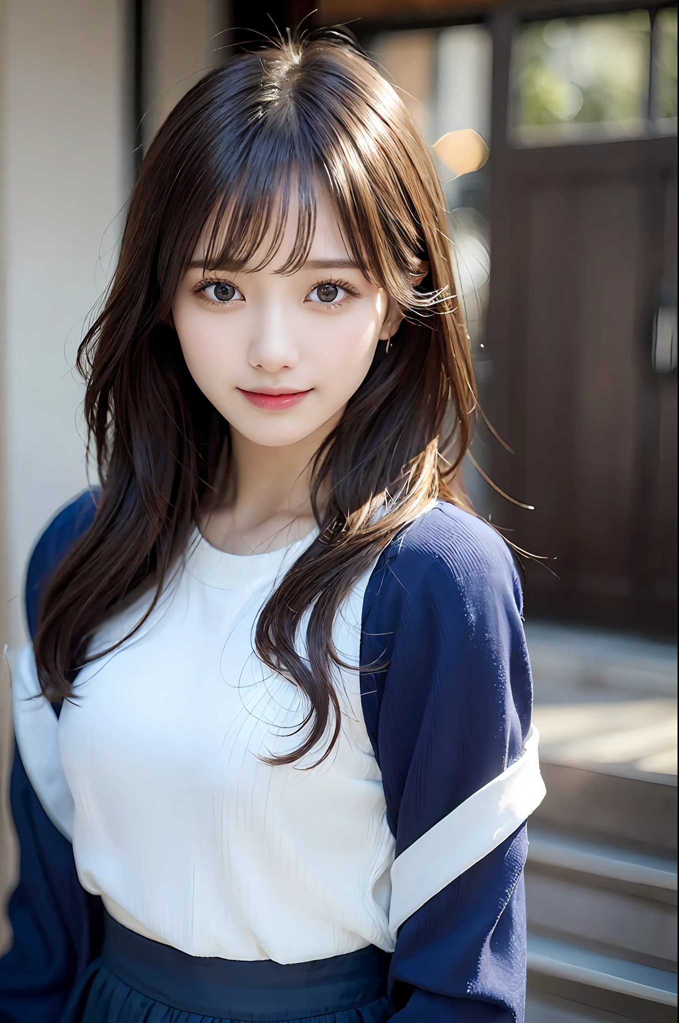 {“query”: “a person”}、((Realistic lighting、top-quality、8K、masterpiece:1.3))、Focus:1.2、1 girl、Perfect figure:1.4、Slim abs:1.1、((dark brown hair))、(Dark blue jacket)、(Dark blue skirt)、(White shirt)、(outside of house、Daytime:1.1)、(Super fine face、A smile)、big eye、24