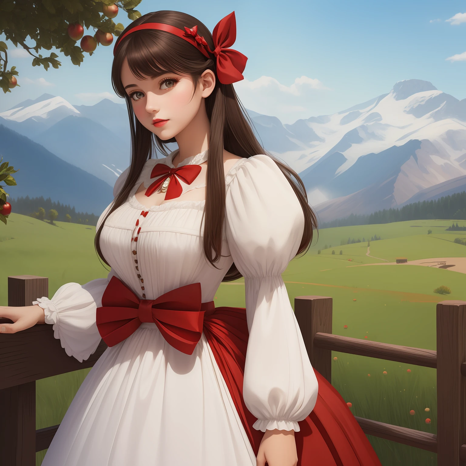 (masterpiece,photorealistic:1.37),(detailed texture:1.1),(illustration:1.1),(cowboy shot:1.4),SnowPrincessw,(red lips,white skin),eyelashes,gradient eyes,(medium breasts:1.2),(17 years old:1.3),outdoors,black hair,snow white, (dress, puffy sleeves:1.3),(red hairband with bow:1.4),(brown eyes:1.4),(nature:1.1),expressionless,looking at viewer,(butterfly:1.2),apple,(holding apple:1.4),(ornamental frame,:1.2),BREAK,