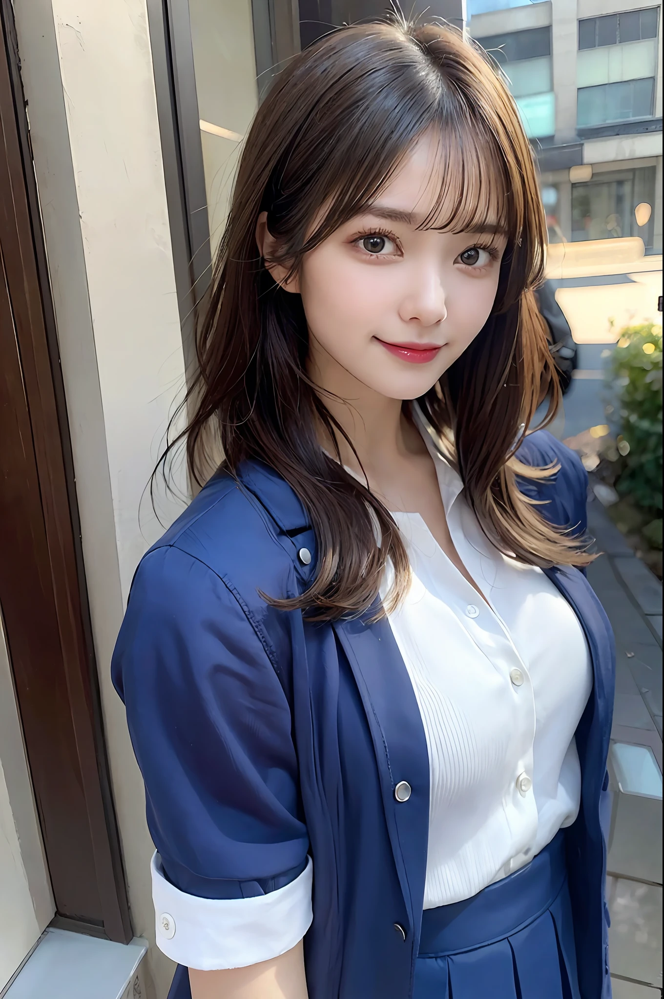 {“query”: “a person”}、((Realistic lighting、top-quality、8K、​masterpiece:1.3))、Focus:1.2、1 girl、Perfect figure:1.4、Slim abs:1.1、((dark brown hair))、(Dark blue jacket)、(Dark blue skirt)、(White shirt)、(outside of house、Daytime:1.1)、(Super fine face、A smile)、big eye、24