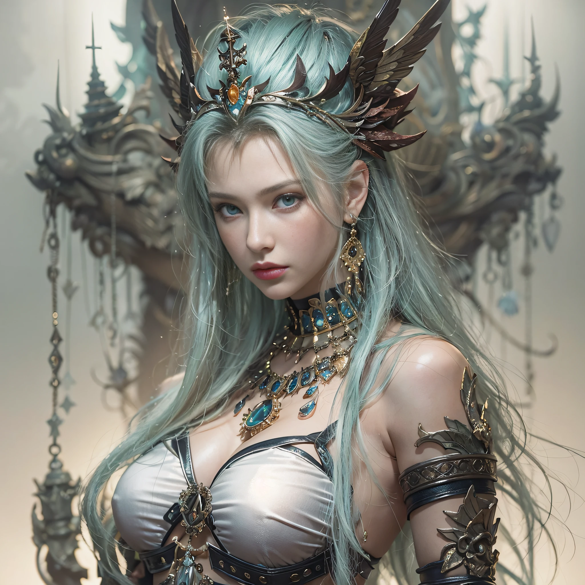 ((​masterpiece)、(top-quality)、(reallistic))、beautiful queen:1.4、Bondage style、latex shiny、By Luis Royo:1.4、1girl in、Sexy Daughter、Attractive earrings with impressive beauty、a choker、a necklace、piercings、(Super beauty)、Super Ultra Ultra Bikini、standingn、fullllbody:1.4、(Beauty in return)、Fantastic mythological landscape