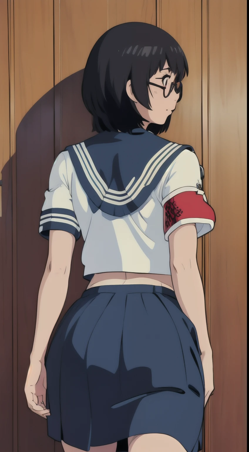 Suzuka, girl, medium hair, black hair, glasses, white seifuku shirt top, blue medium skirt, red armband, view from behind, pantyline, ass cheeks, Wallpaper, glancing back, skin tight,