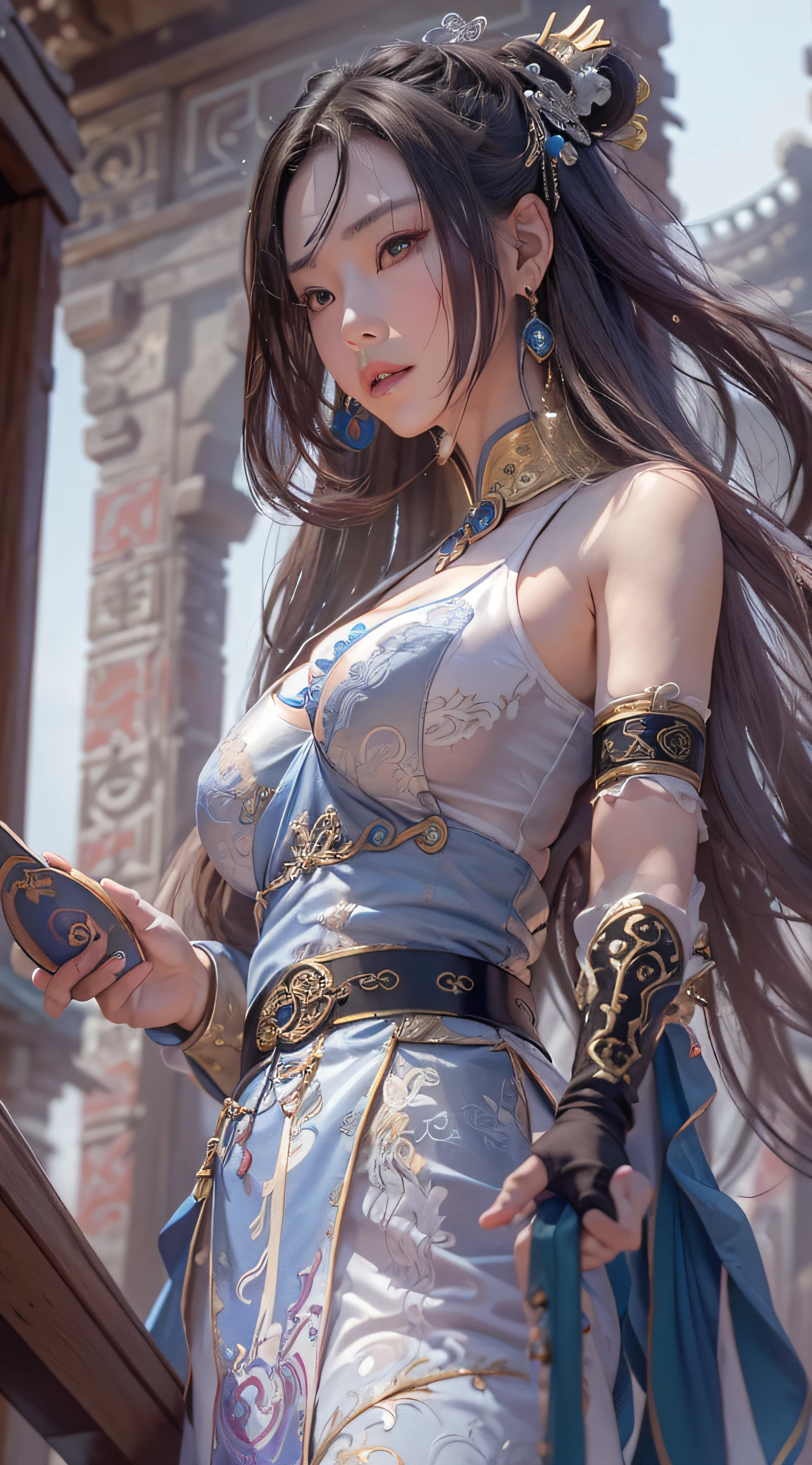 Best quality,masterpiece,ultra high res,(photorealistic:1.4),xiuxian,weapon,Detailed face, 1girl,solo,weapon,cleavage,(magic circle:1.2),xiuxian,upper body,Beautiful girl,full body,huge breasts,east asian architecture,sheath,architecture,