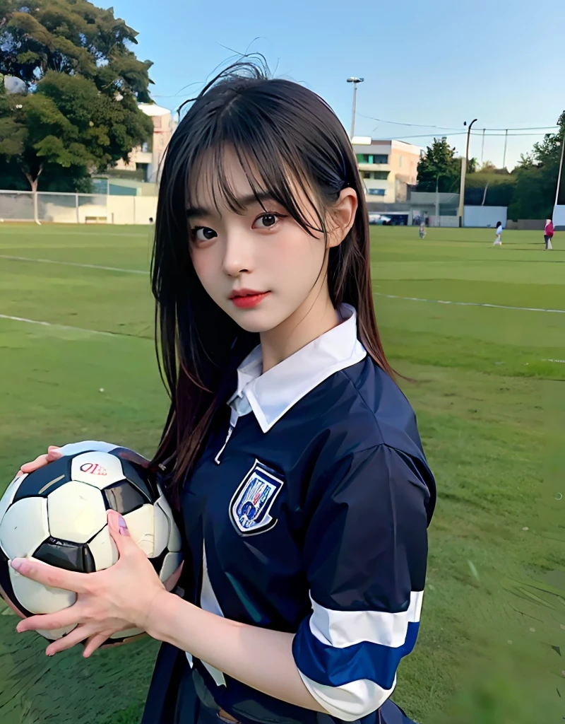 (8K、RAW Photos、top-quality、masterpiece:1.2)、(realisitic、Photorealsitic:1.37)、1人、japanes、32years old、femele、Soccer Field、profetional lighting、Photon mapping、、Colossal tits、gals、Lots of lashes、Lame on the eyelids、Pitch black lip、、A slender、Have a soccer ball、Playing football、Wearing a blue soccer uniform