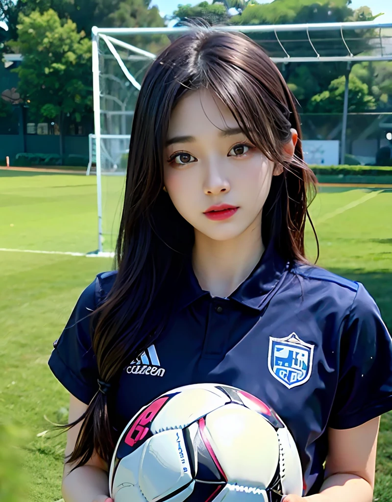 (8K、RAW Photos、top-quality、​masterpiece:1.2)、(realisitic、Photorealsitic:1.37)、女の子1人、japanes、32years old、femele、Soccer Field、profetional lighting、Photon mapping、、Colossal tits、gals、Lots of lashes、Lame on the eyelids、Pitch black lip、、A slender、Have a soccer ball、Playing football、Wearing a blue soccer uniform