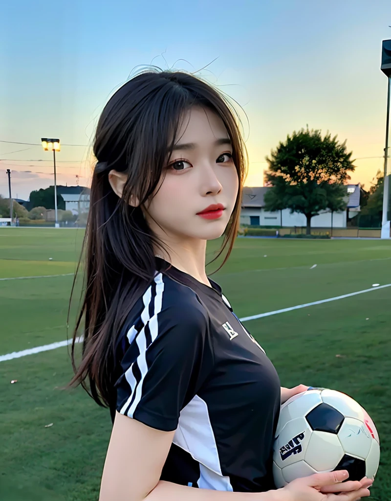 (8K、RAW Photos、top-quality、​masterpiece:1.2)、(realisitic、Photorealsitic:1.37)、女の子1人、japanes、32years old、femele、Soccer Field、profetional lighting、Photon mapping、、Colossal tits、gals、Lots of lashes、Lame on the eyelids、Pitch black lip、、A slender、Have a soccer ball、Playing football、Wearing a blue soccer uniform