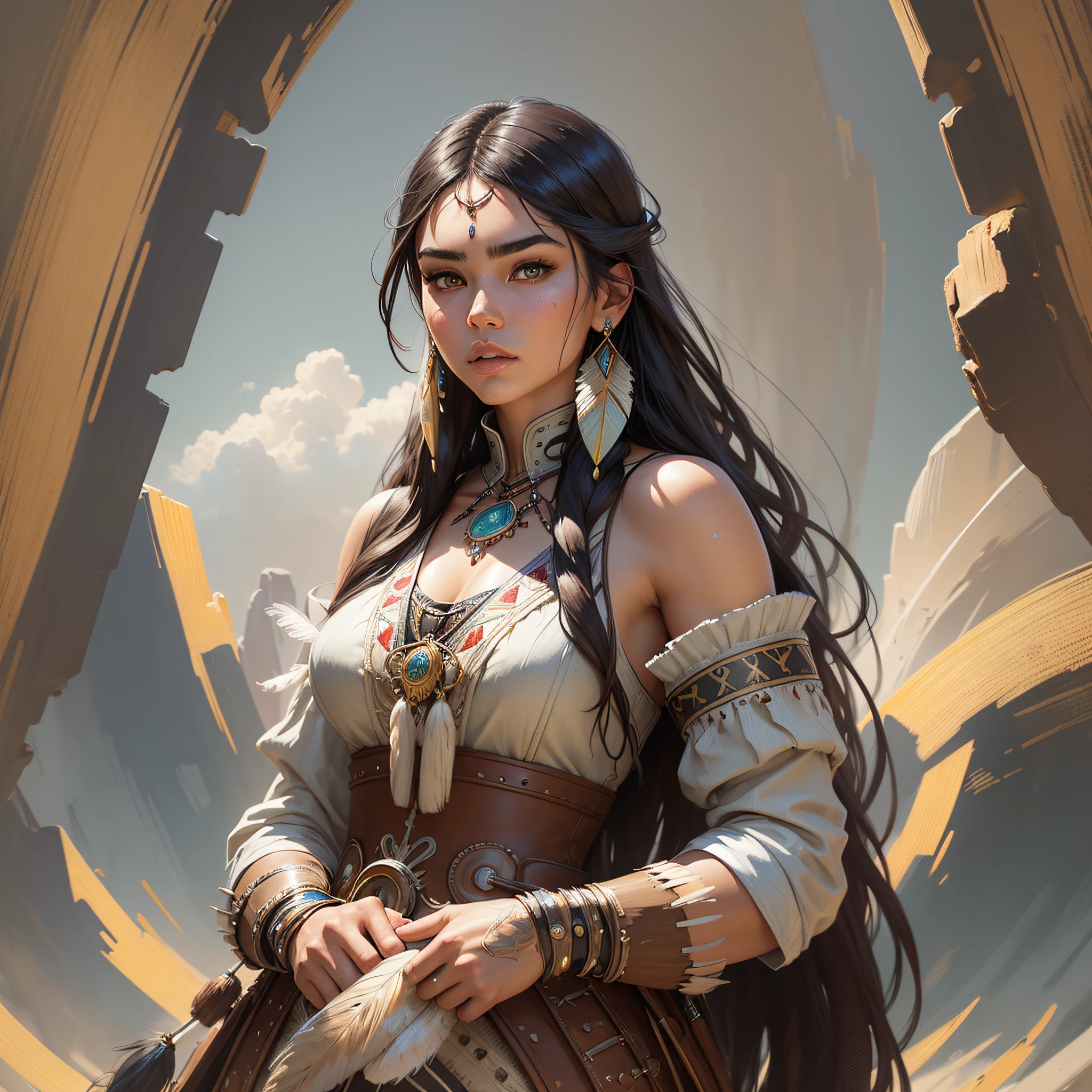mdjrny-v4 style portrait photograph of Madison Beer as Pocahontas, young beautiful native american woman, perfect symmetrical face, feather jewelry, traditional handmade dress, armed female hunter warrior, (((wild west))) environment, Utah landscape, ultra realistic, concept art, elegant, ((intricate)), ((highly detailed)), depth of field, ((professionally color graded)), 8k, art by artgerm and greg rutkowski and alphonse mucha